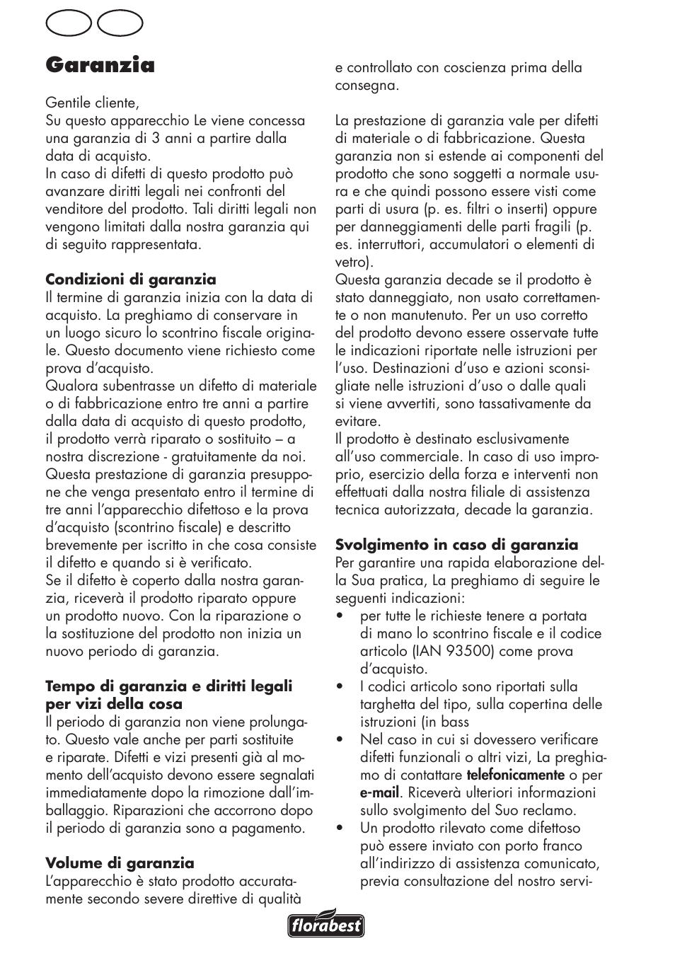 Garanzia, Ch it | Florabest FLV 1200 A1 User Manual | Page 44 / 68