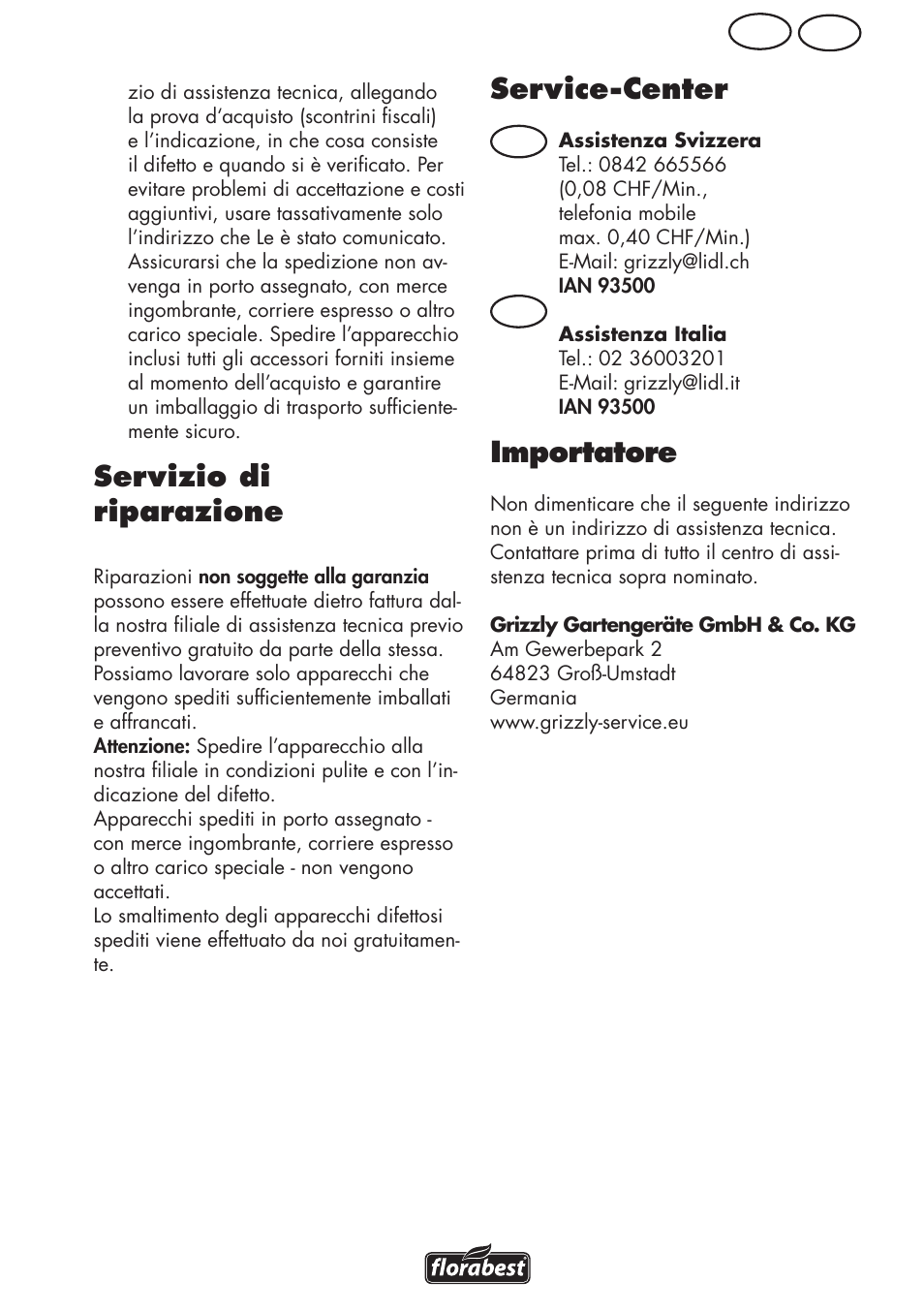 Servizio di riparazione, Service-center, Importatore | Ch it | Florabest FLV 1200 A1 User Manual | Page 45 / 68