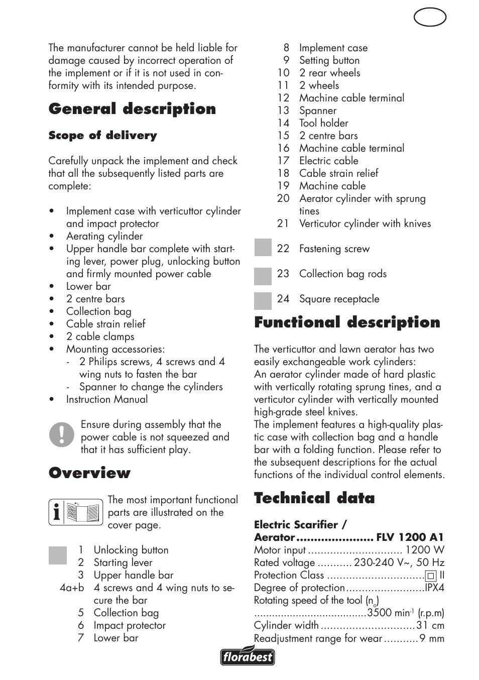 General description, Overview, Functional description | Technical data | Florabest FLV 1200 A1 User Manual | Page 47 / 68