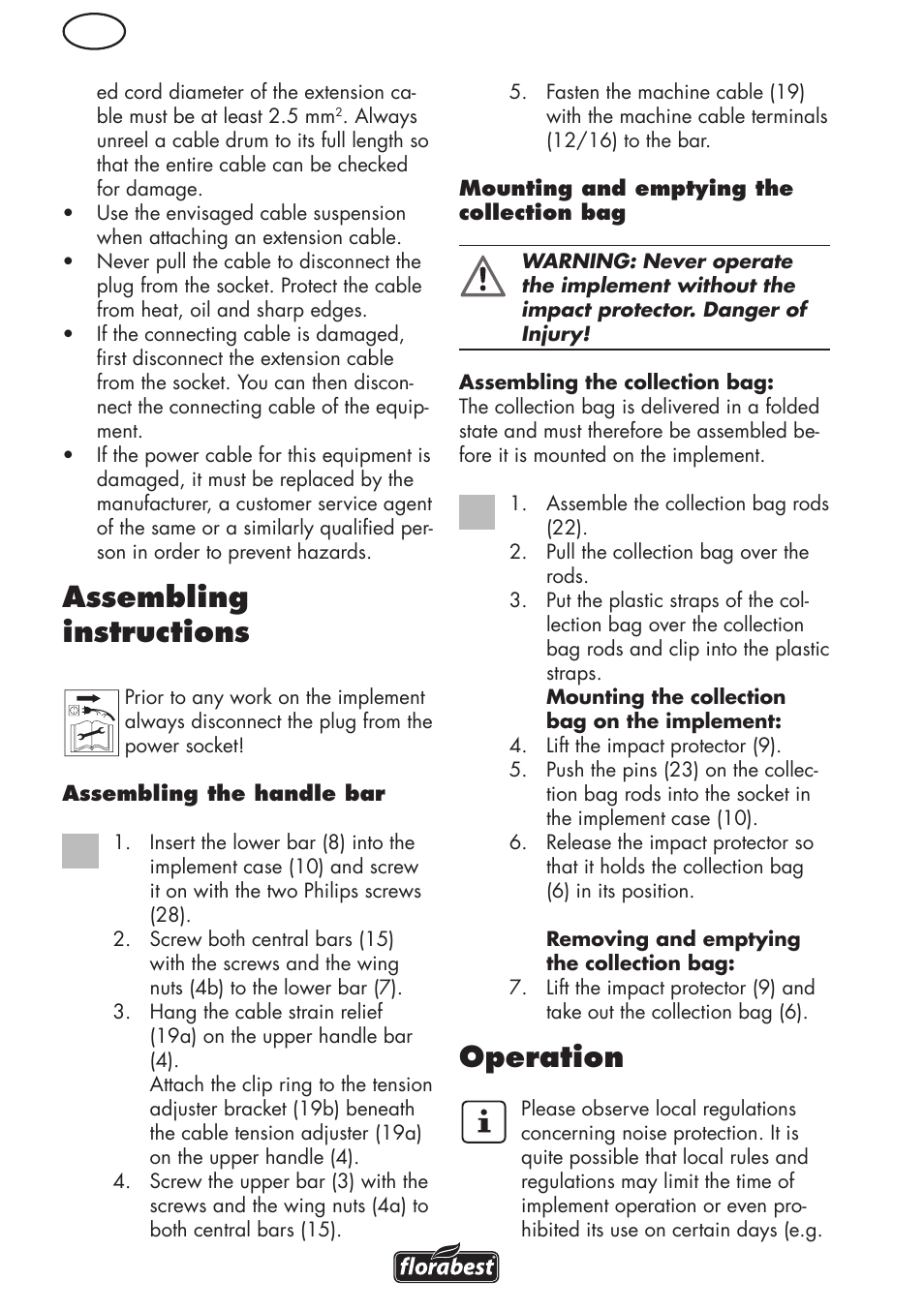 Assembling instructions, Operation | Florabest FLV 1200 A1 User Manual | Page 52 / 68