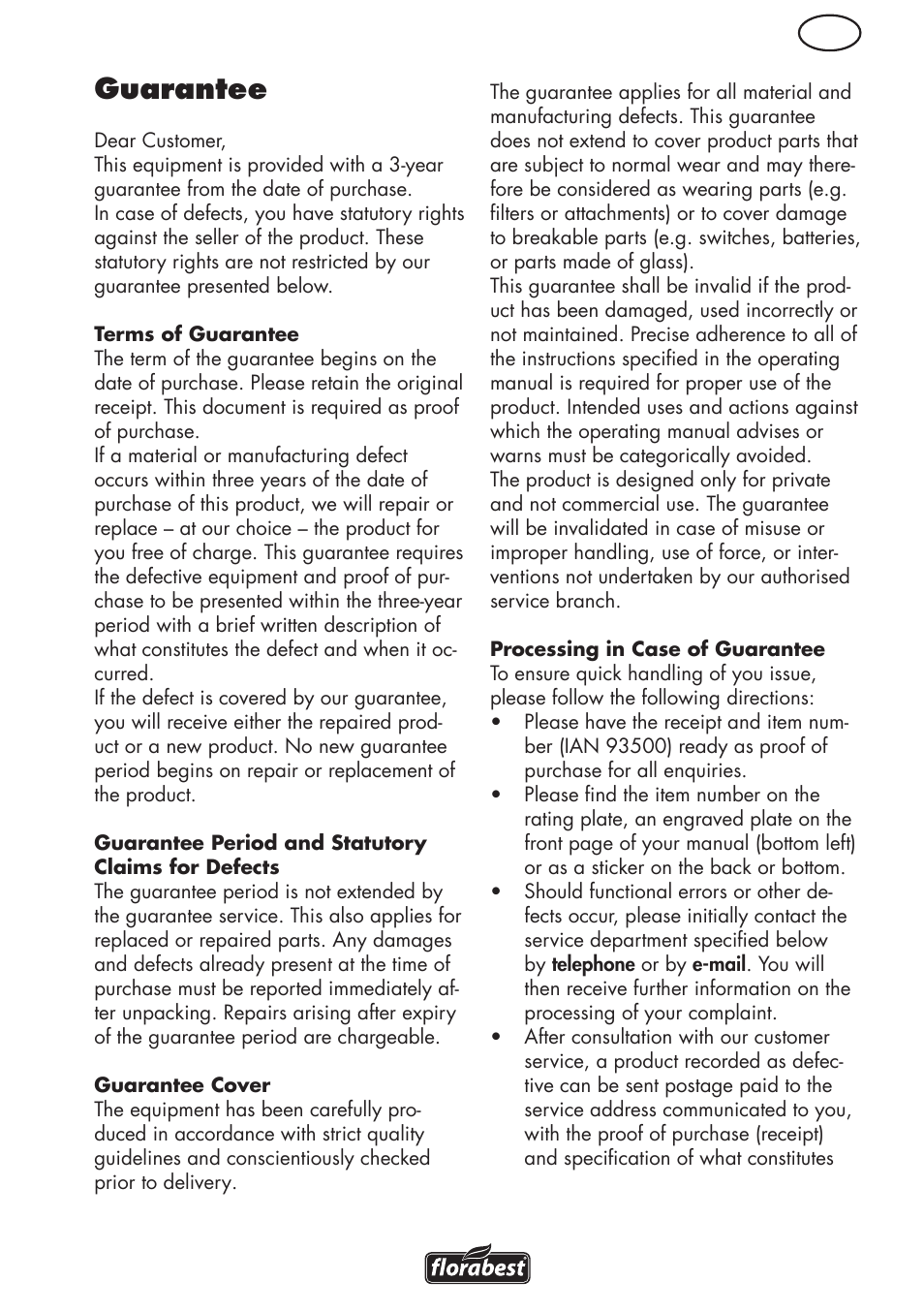 Guarantee | Florabest FLV 1200 A1 User Manual | Page 57 / 68