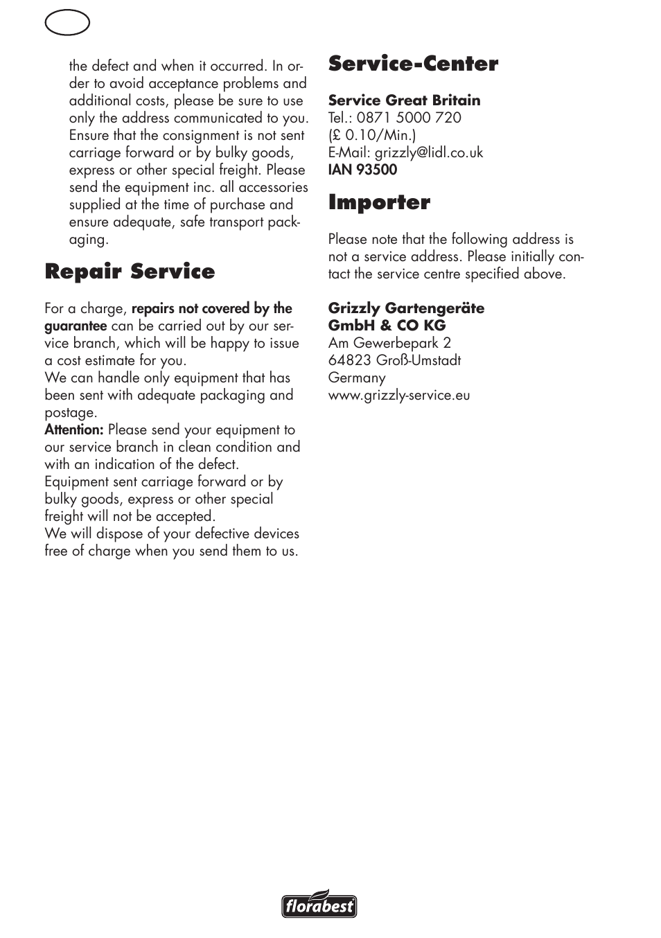 Repair service, Service-center, Importer | Florabest FLV 1200 A1 User Manual | Page 58 / 68