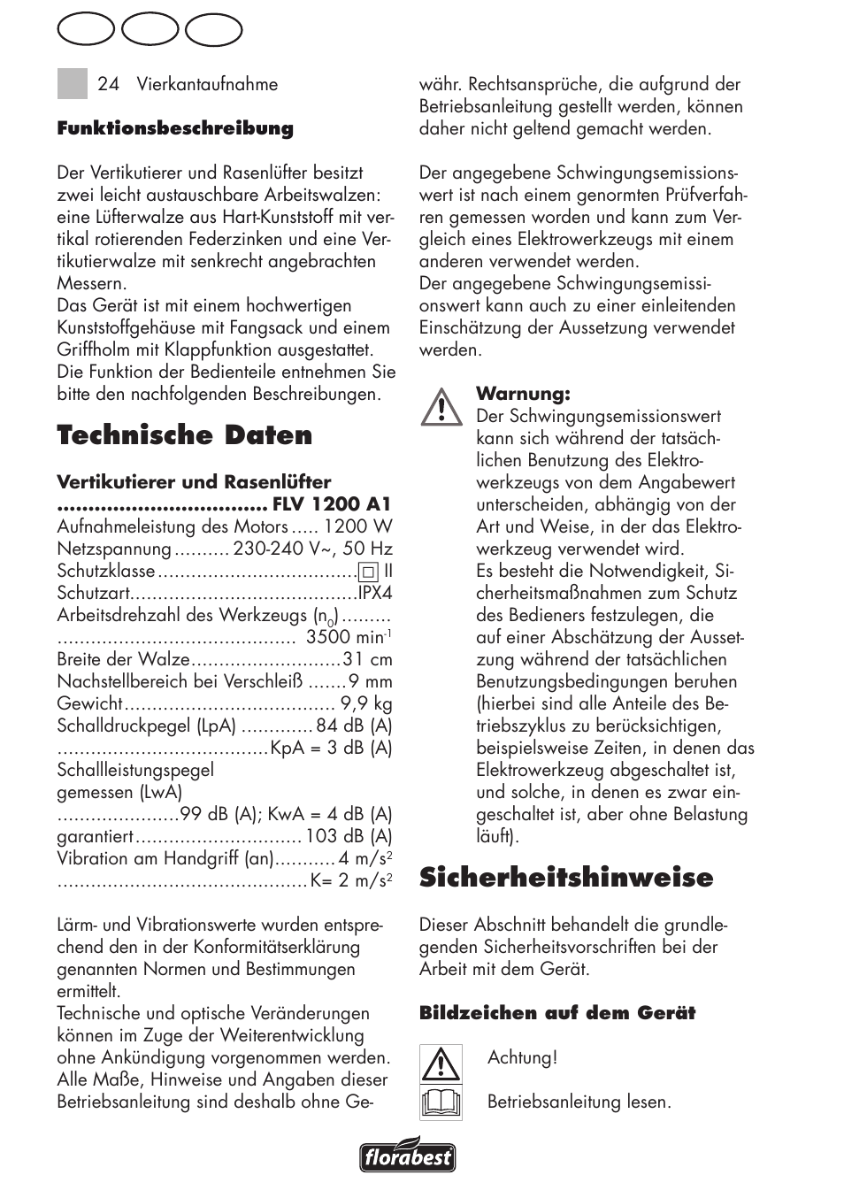 Technische daten, Sicherheitshinweise, Ch at de | Florabest FLV 1200 A1 User Manual | Page 6 / 68