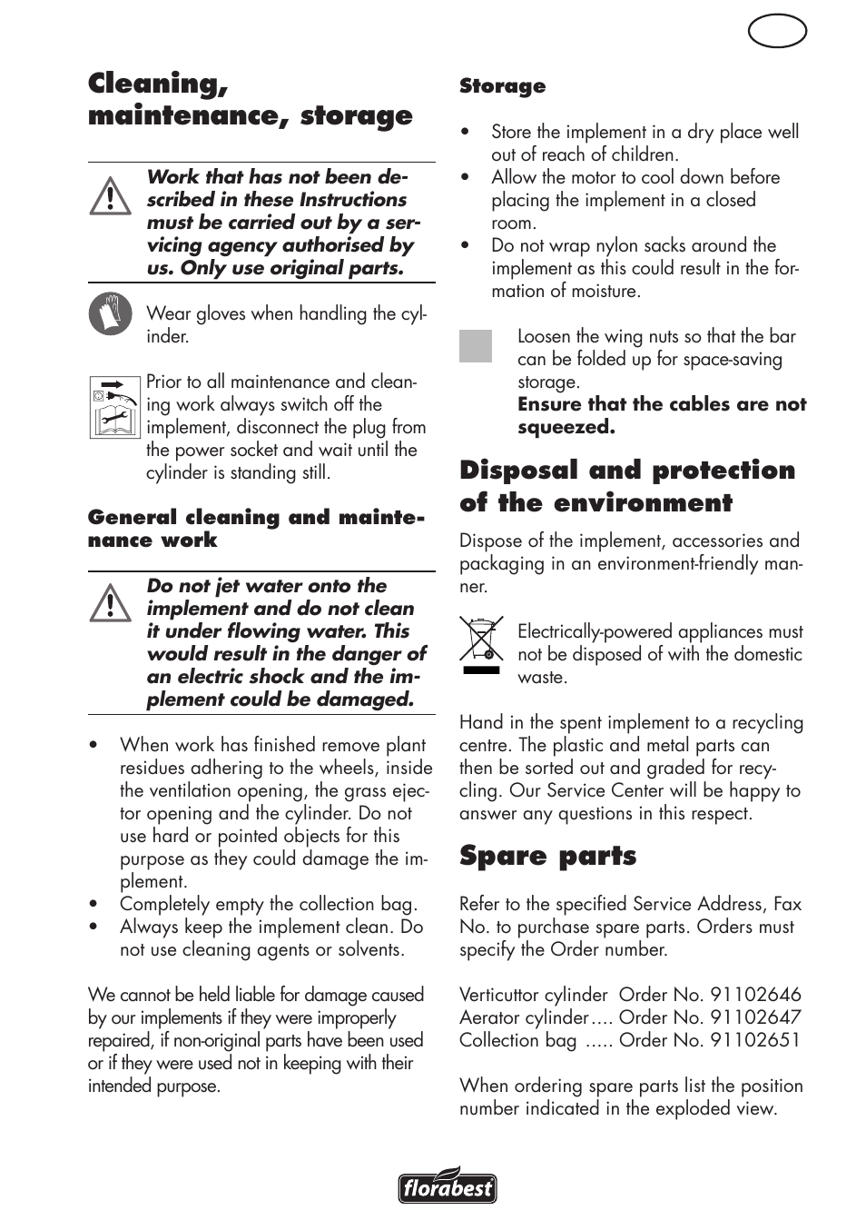 Cleaning, maintenance, storage, Spare parts, Disposal and protection of the environment | Florabest FLV 1200 A1 User Manual | Page 13 / 108