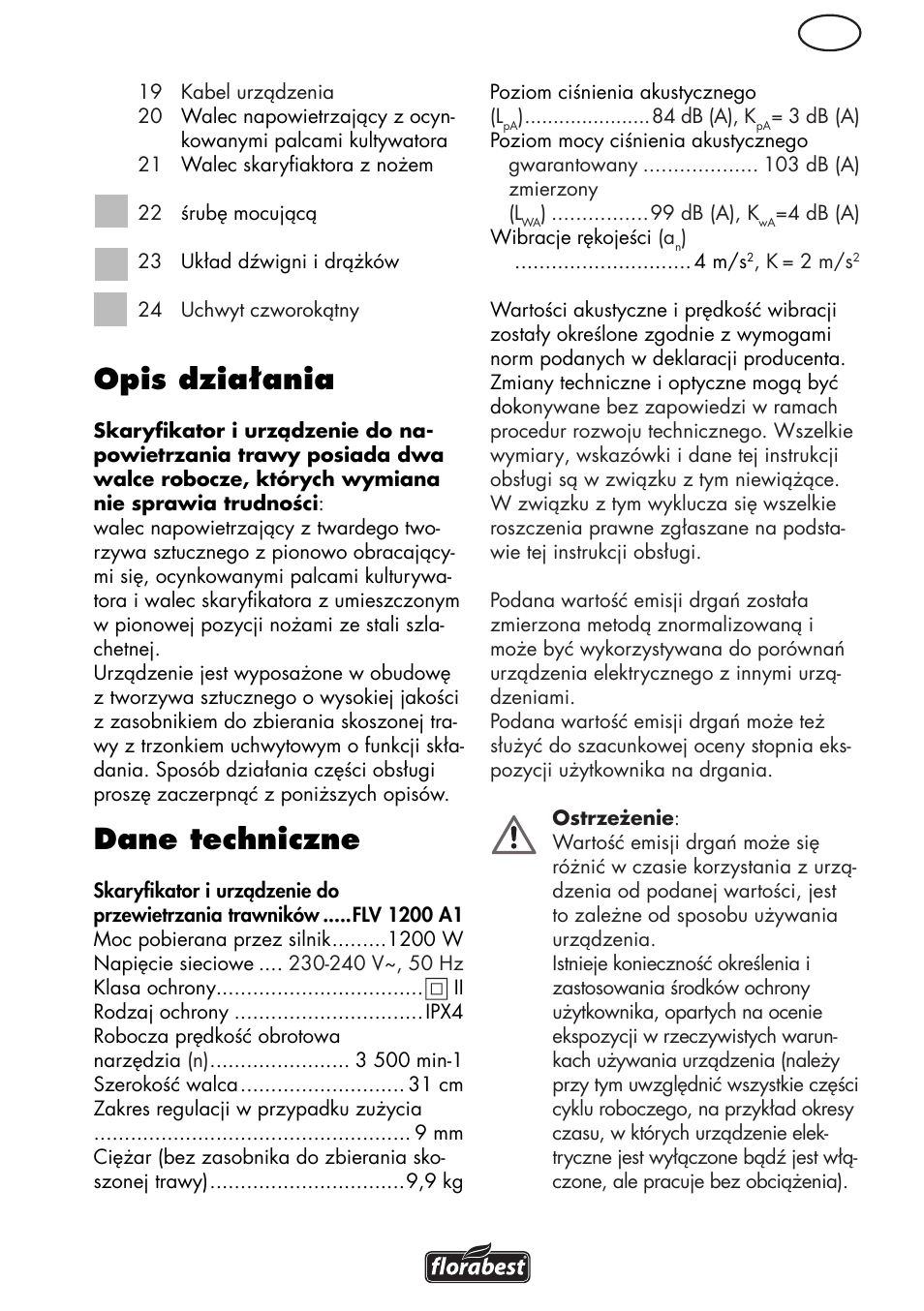 Opis działania, Dane techniczne | Florabest FLV 1200 A1 User Manual | Page 19 / 108