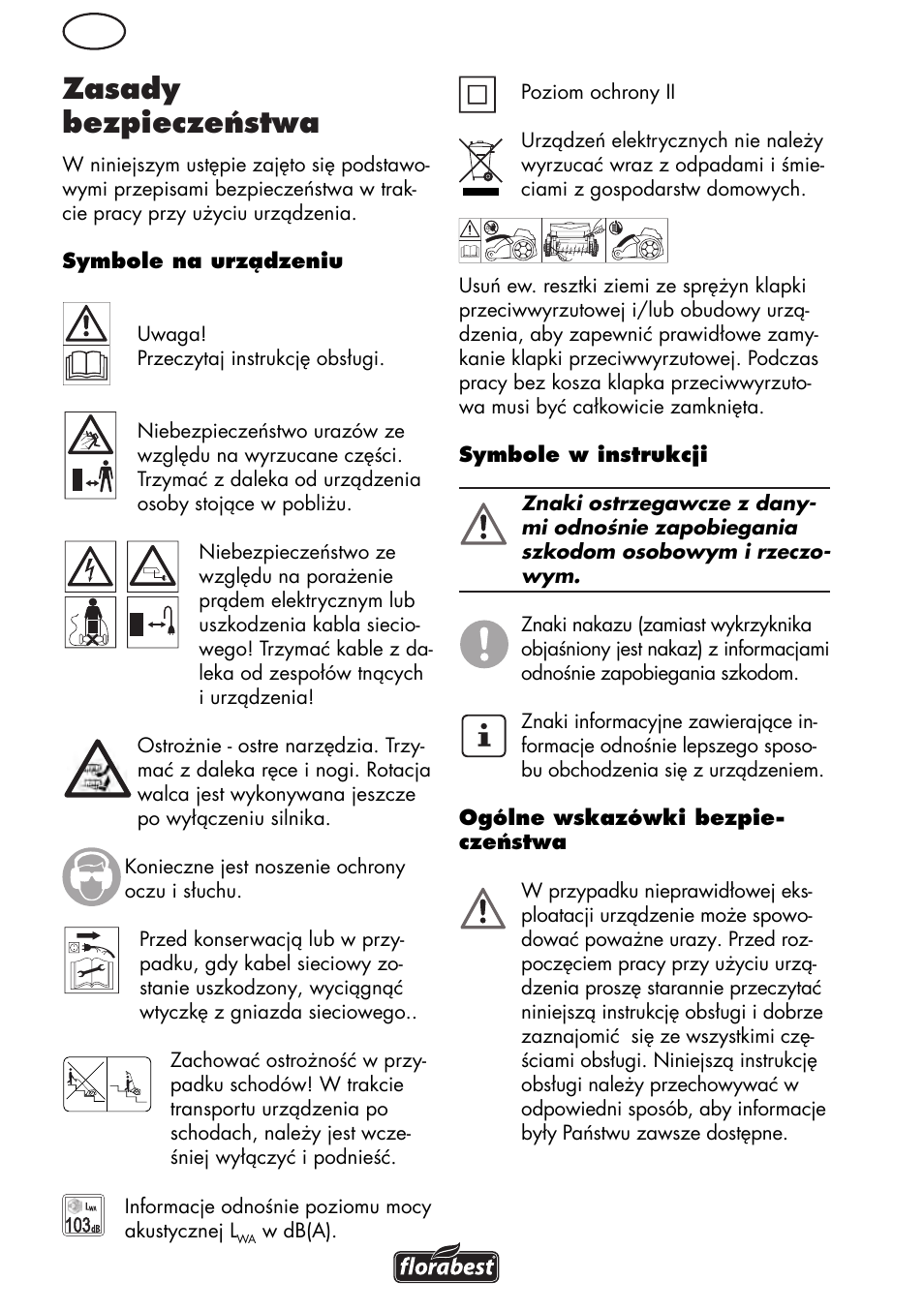 Zasady bezpieczeństwa | Florabest FLV 1200 A1 User Manual | Page 20 / 108