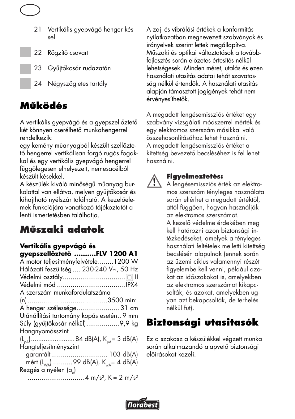 Működés, Műszaki adatok, Biztonsági utasitasók | Florabest FLV 1200 A1 User Manual | Page 34 / 108