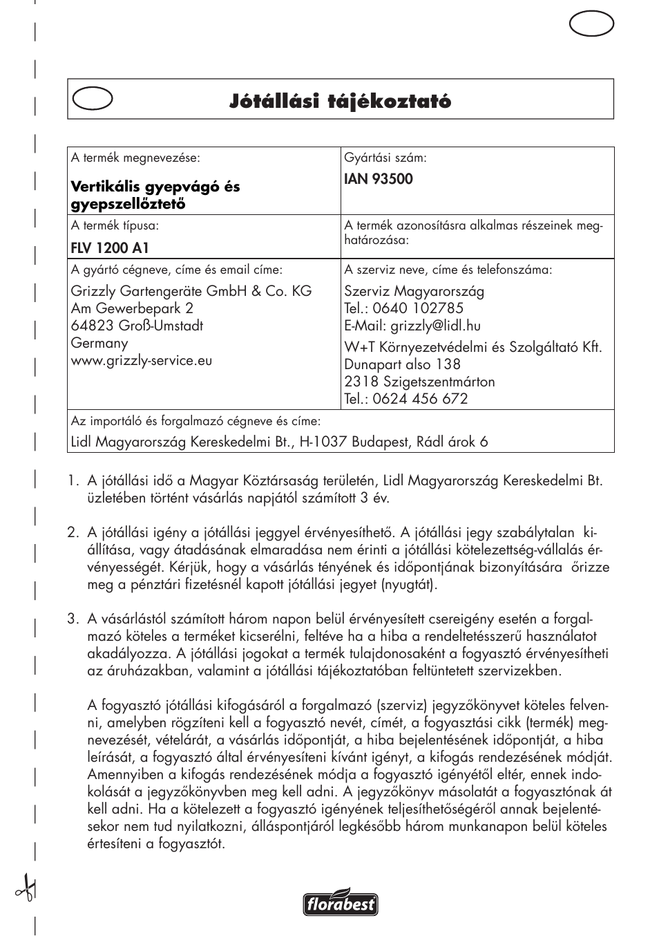 Jótállási tájékoztató | Florabest FLV 1200 A1 User Manual | Page 45 / 108