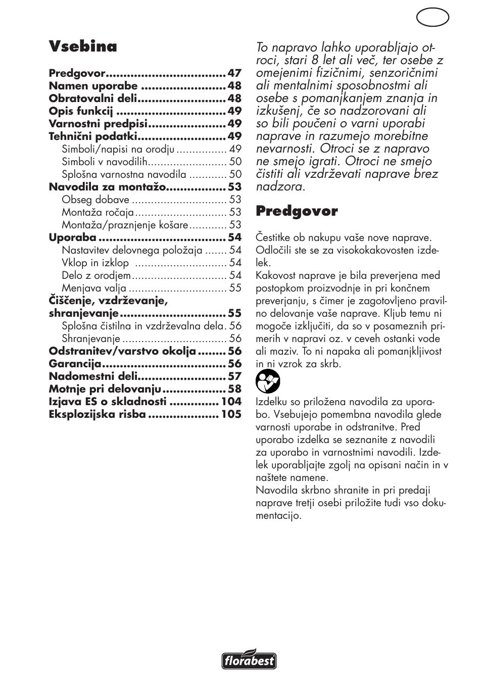 Vsebina, Predgovor | Florabest FLV 1200 A1 User Manual | Page 47 / 108