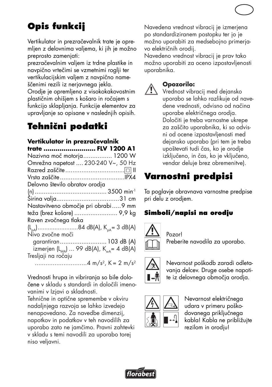 Opis funkcij, Tehnični podatki, Varnostni predpisi | Florabest FLV 1200 A1 User Manual | Page 49 / 108