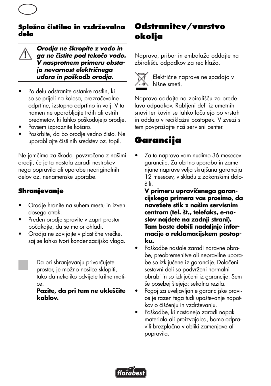 Garancija, Odstranitev/varstvo okolja | Florabest FLV 1200 A1 User Manual | Page 56 / 108