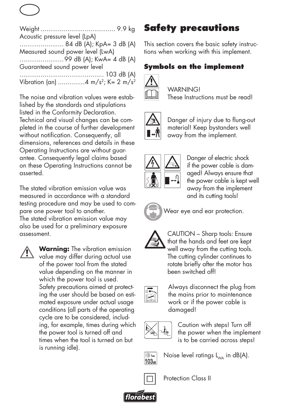 Safety precautions | Florabest FLV 1200 A1 User Manual | Page 6 / 108