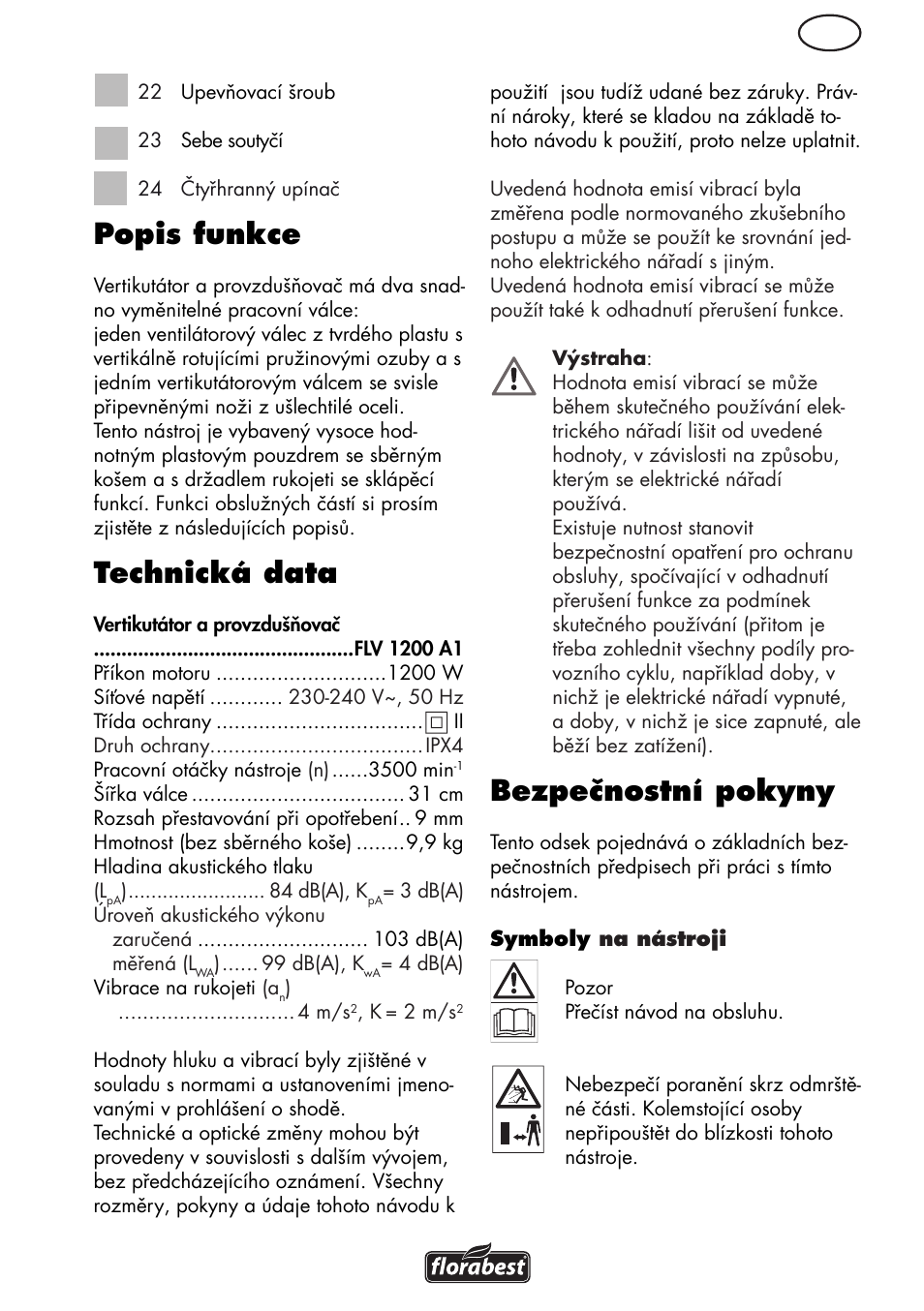 Popis funkce, Technická data, Bezpečnostní pokyny | Florabest FLV 1200 A1 User Manual | Page 63 / 108