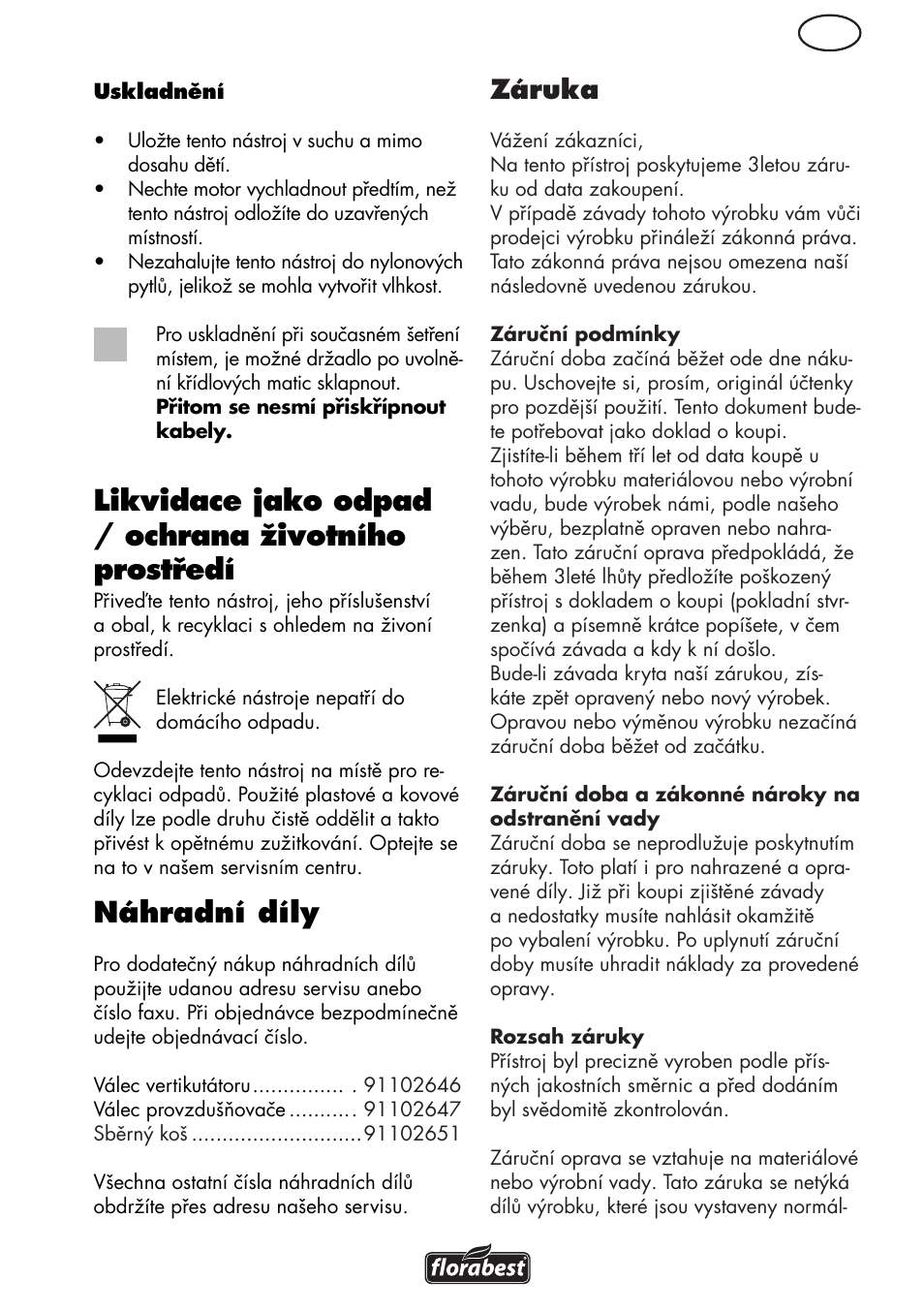 Likvidace jako odpad / ochrana životního prostředí, Náhradní díly, Záruka | Florabest FLV 1200 A1 User Manual | Page 71 / 108