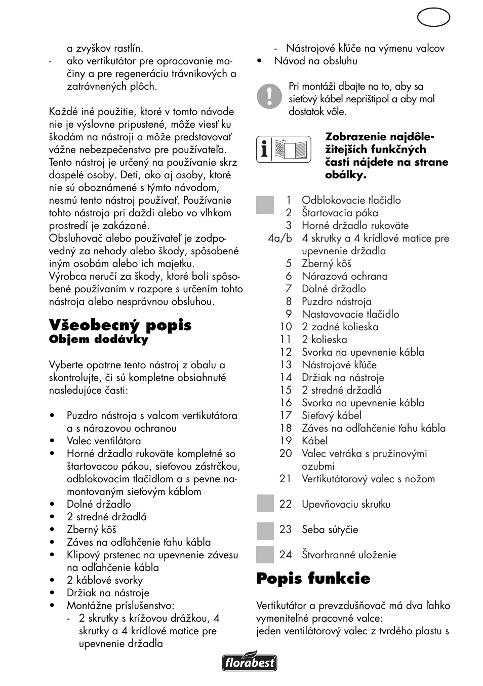 Všeobecný popis, Popis funkcie | Florabest FLV 1200 A1 User Manual | Page 75 / 108