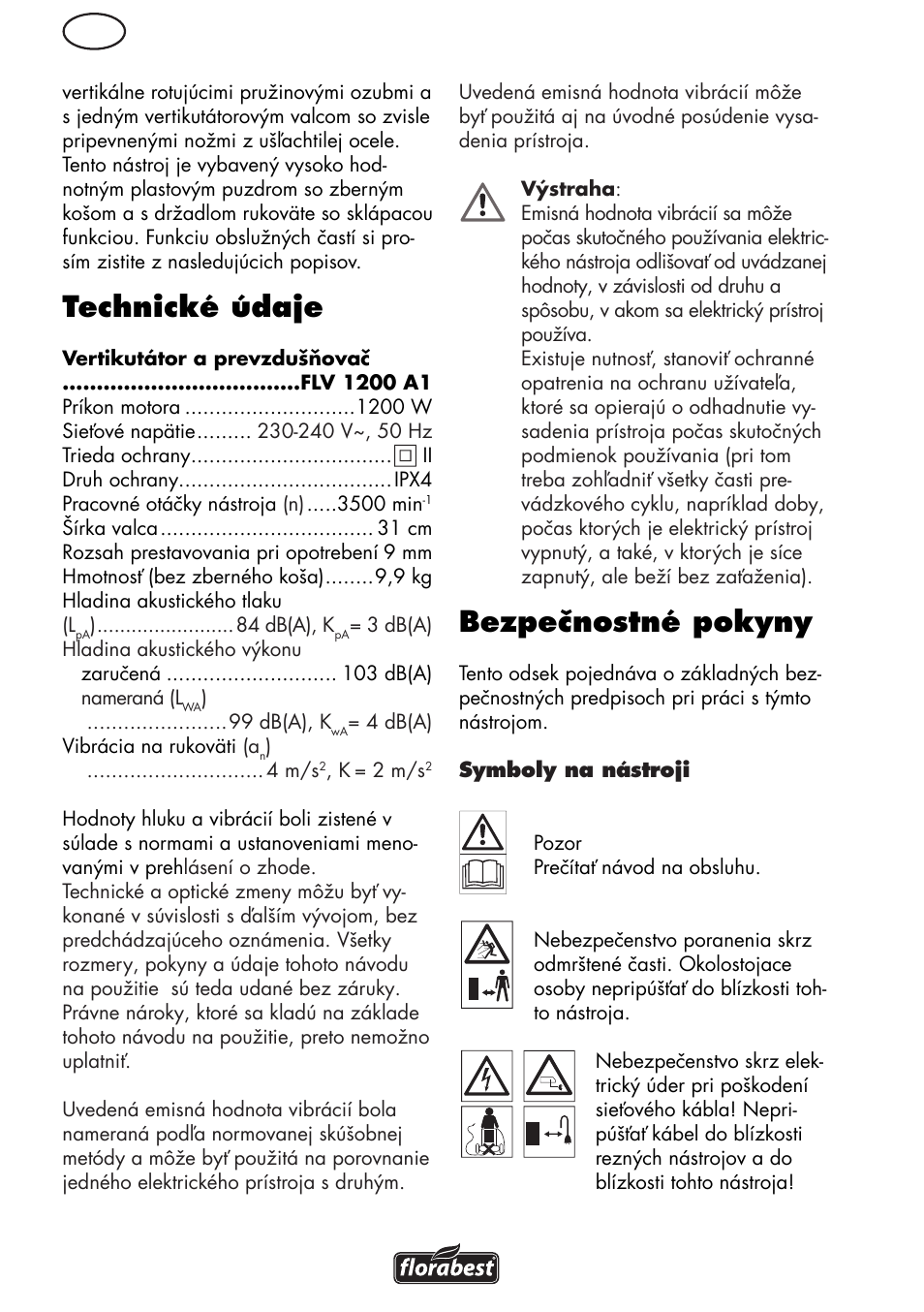 Technické údaje, Bezpečnostné pokyny | Florabest FLV 1200 A1 User Manual | Page 76 / 108