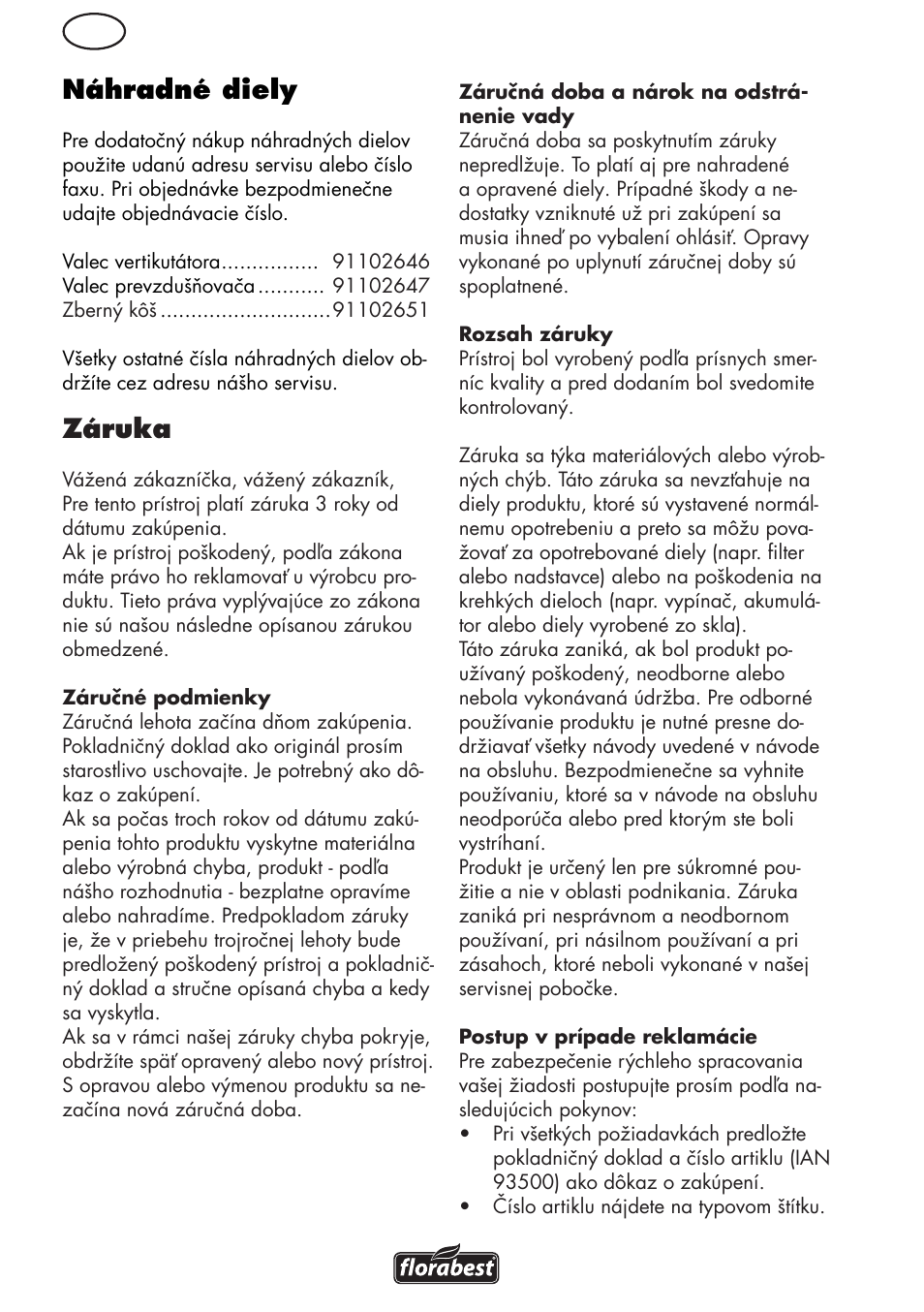 Sk náhradné diely, Záruka | Florabest FLV 1200 A1 User Manual | Page 84 / 108