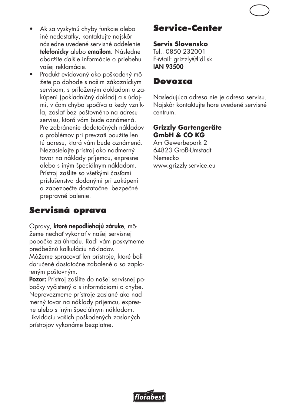 Servisná oprava, Service-center, Dovozca | Florabest FLV 1200 A1 User Manual | Page 85 / 108