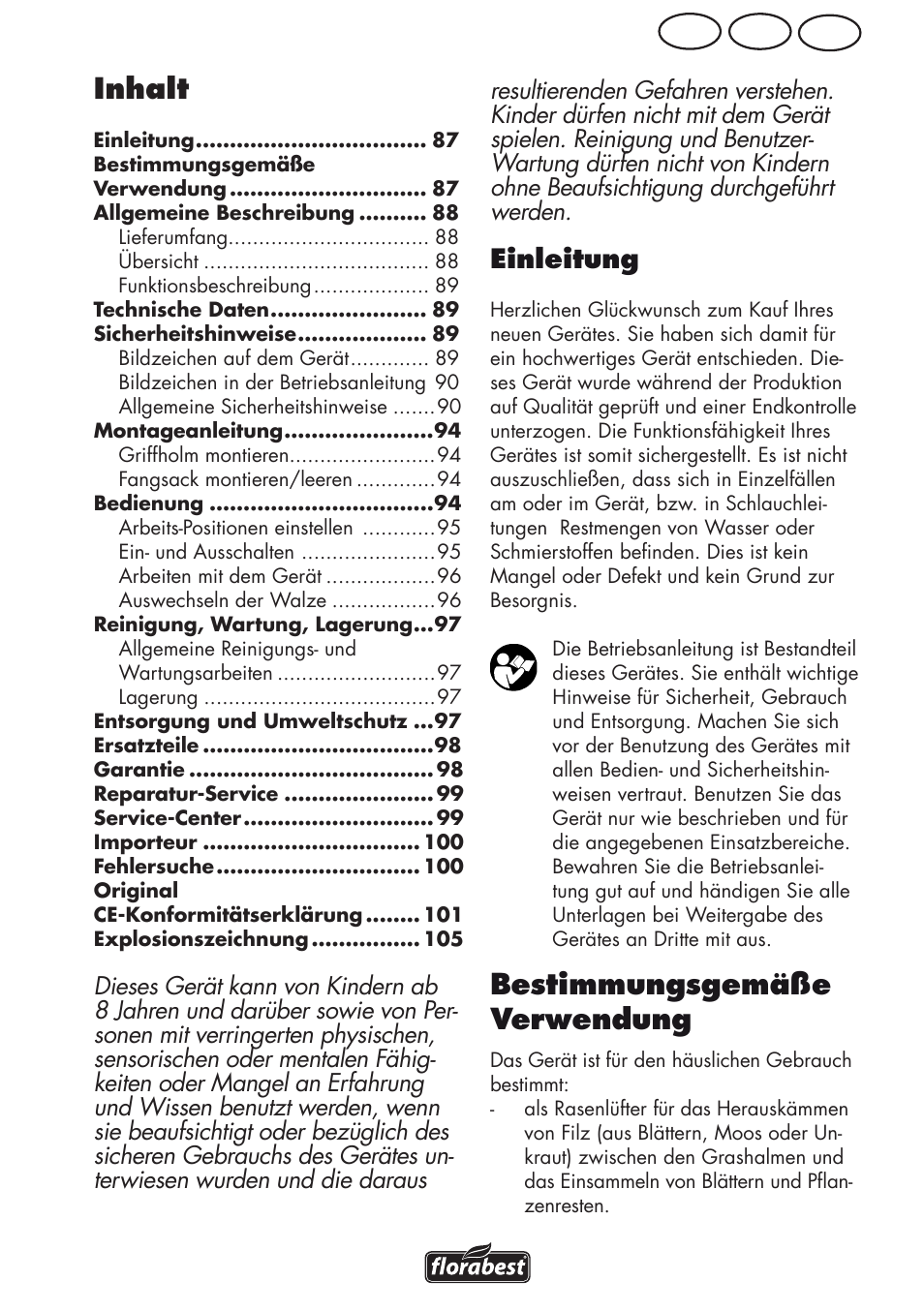 Inhalt, Bestimmungsgemäße verwendung, Ch at de | Einleitung | Florabest FLV 1200 A1 User Manual | Page 87 / 108