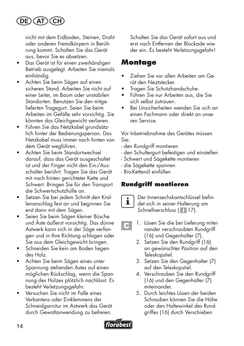 Montage, De at ch | Florabest FHE 710 A1 User Manual | Page 14 / 96