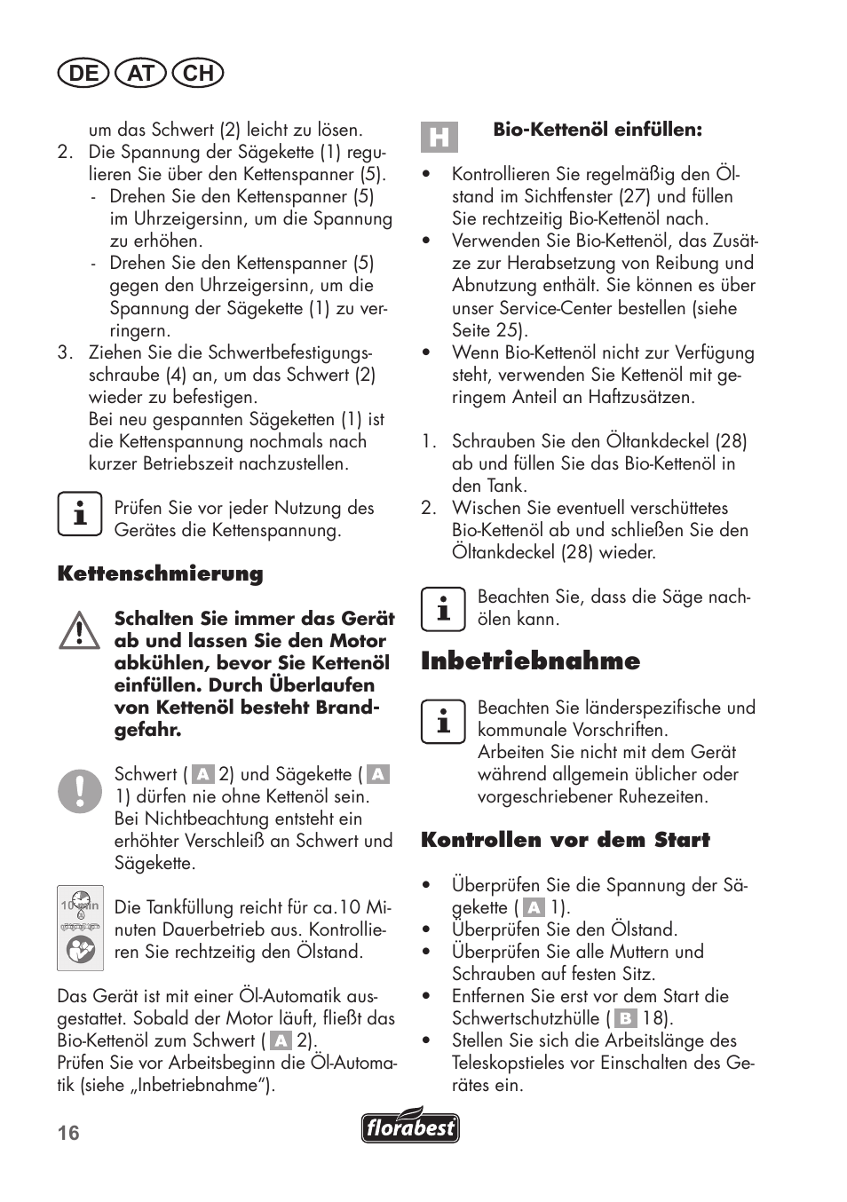 Inbetriebnahme, De at ch | Florabest FHE 710 A1 User Manual | Page 16 / 96