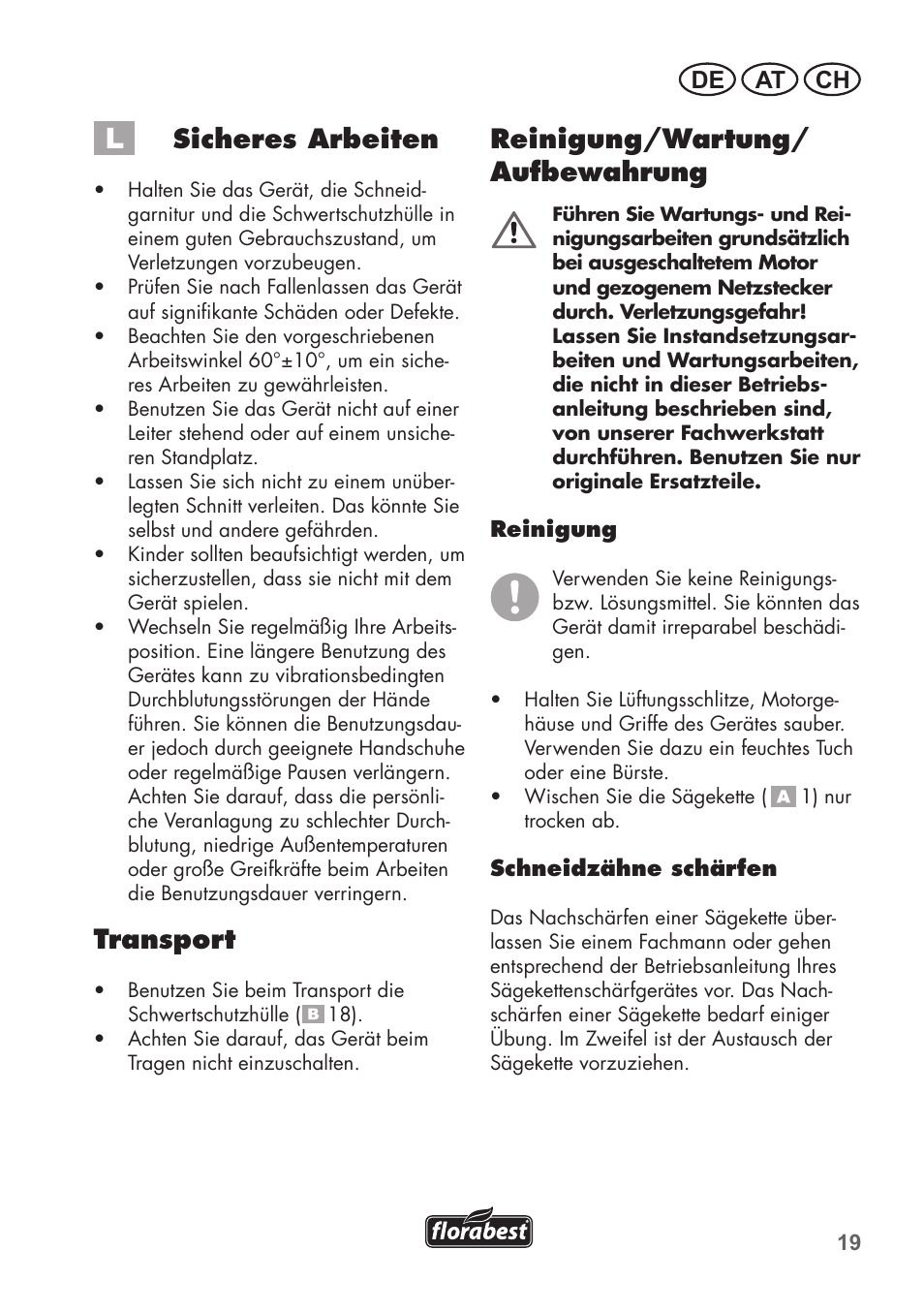 Sicheres arbeiten, Transport, Reinigung/wartung/ aufbewahrung | De at ch | Florabest FHE 710 A1 User Manual | Page 19 / 96