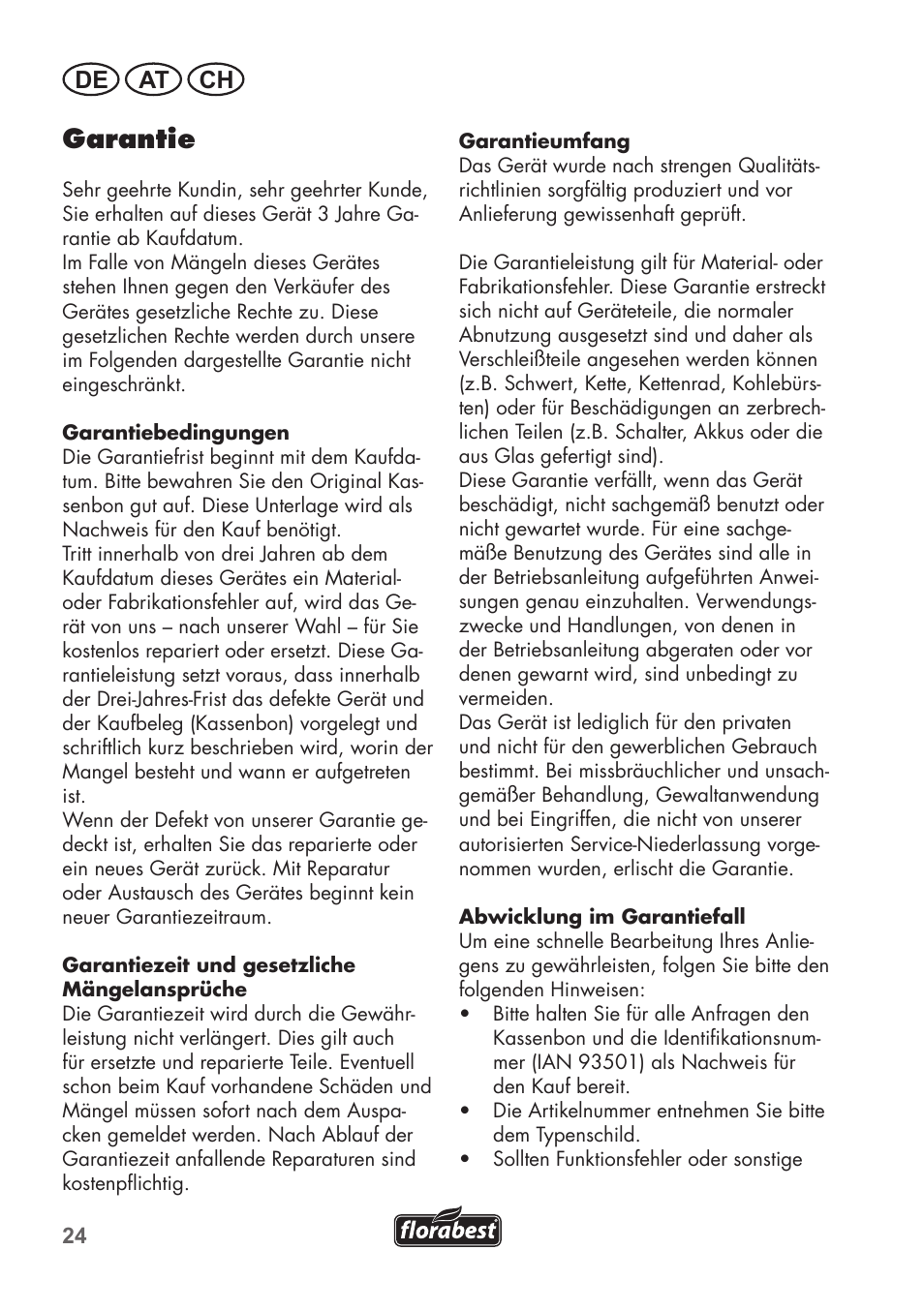 Garantie, De at ch | Florabest FHE 710 A1 User Manual | Page 24 / 96