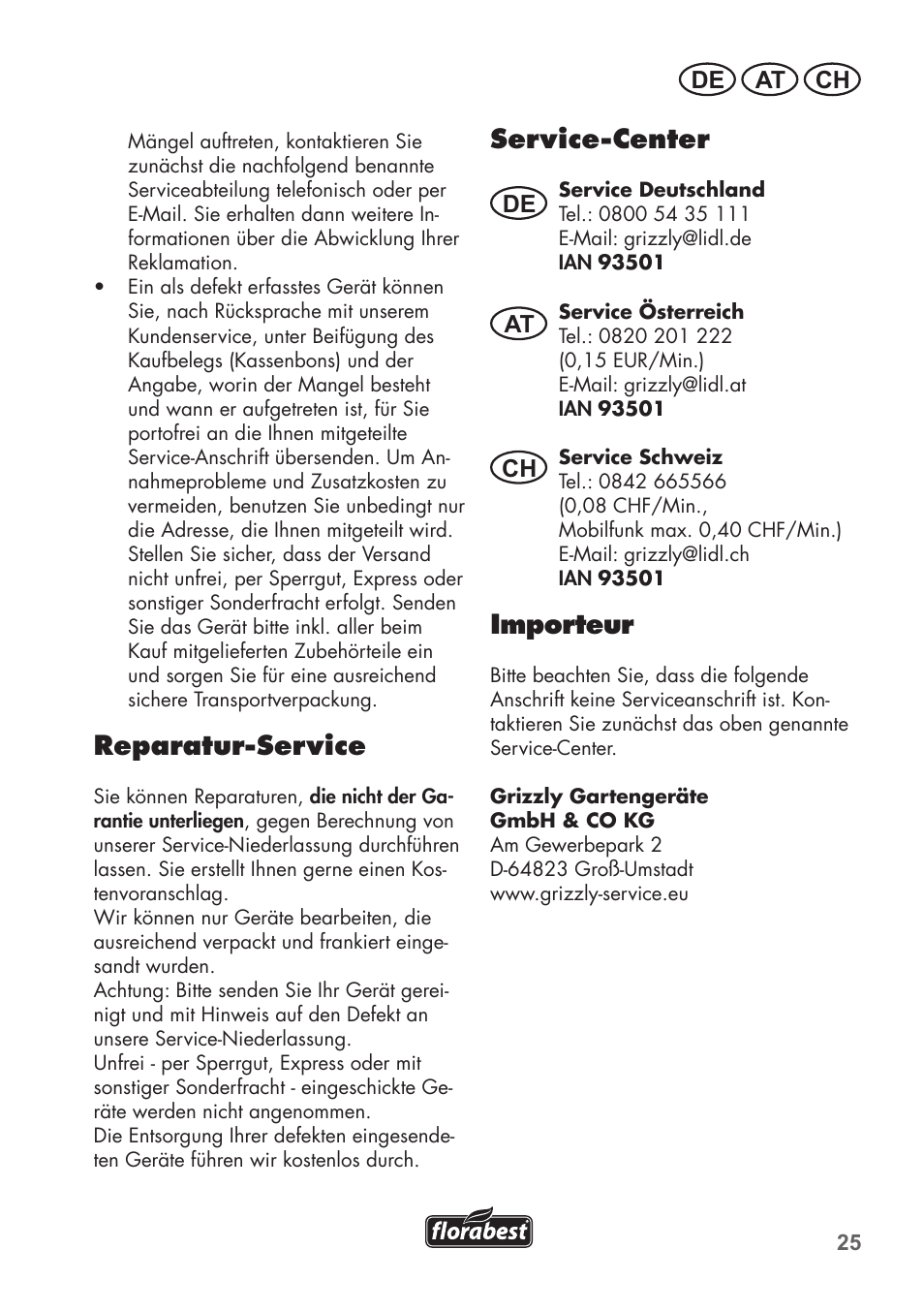 Service-center, Importeur, Reparatur-service | De at ch | Florabest FHE 710 A1 User Manual | Page 25 / 96