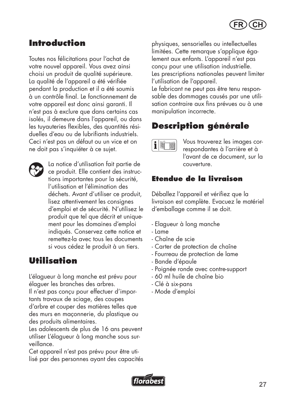 Introduction, Utilisation, Description générale | Fr ch | Florabest FHE 710 A1 User Manual | Page 27 / 96