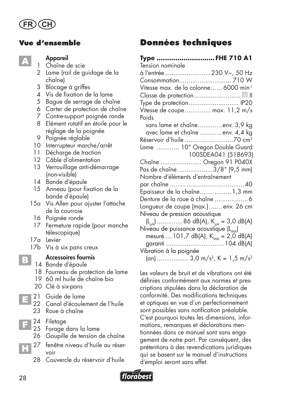 Données techniques, Fr ch | Florabest FHE 710 A1 User Manual | Page 28 / 96