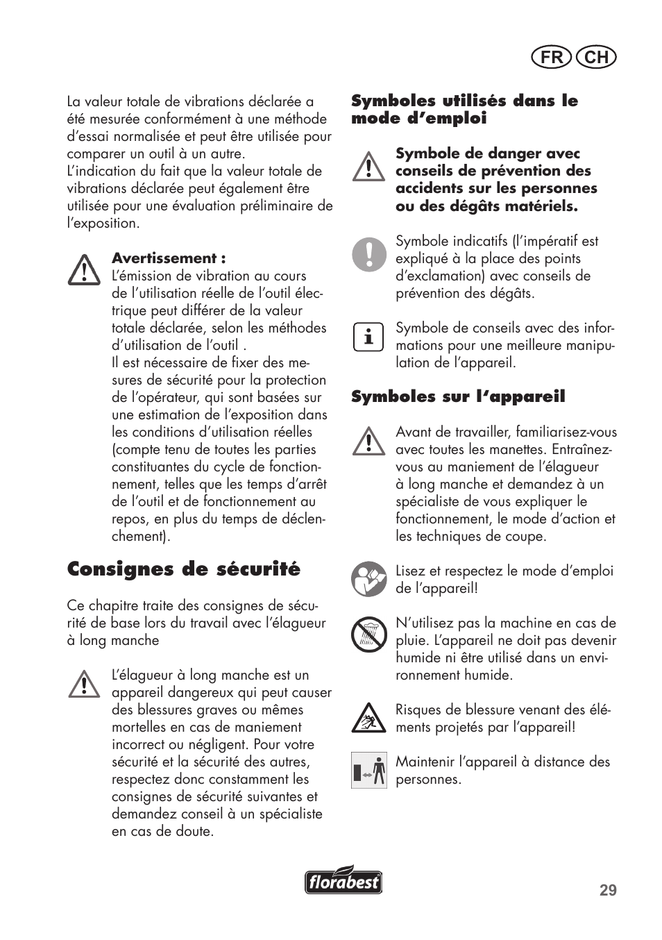 Consignes de sécurité, Fr ch | Florabest FHE 710 A1 User Manual | Page 29 / 96