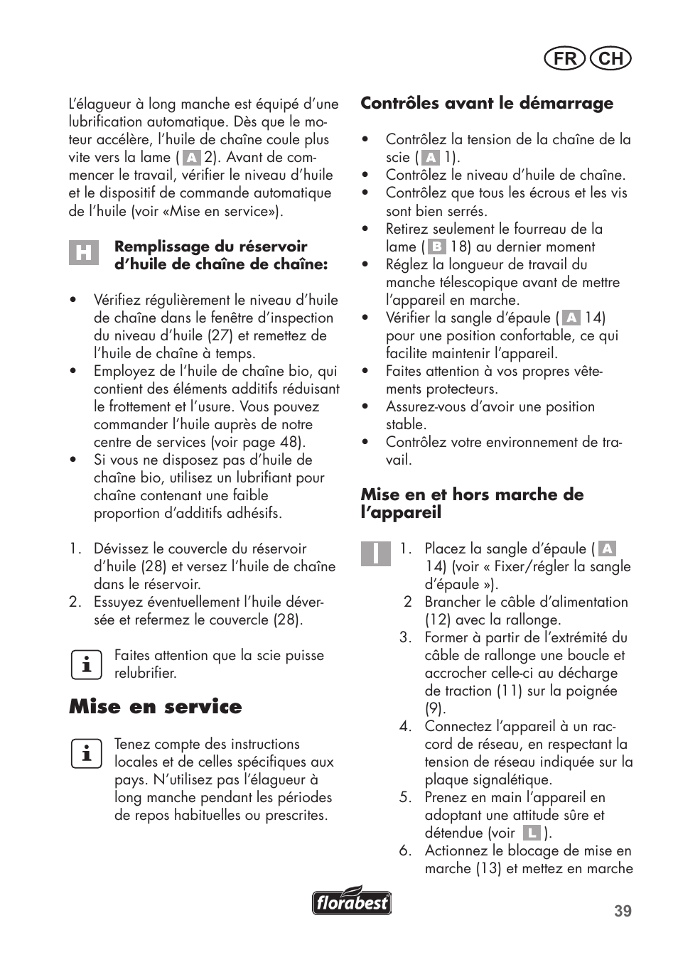 Mise en service, Fr ch | Florabest FHE 710 A1 User Manual | Page 39 / 96