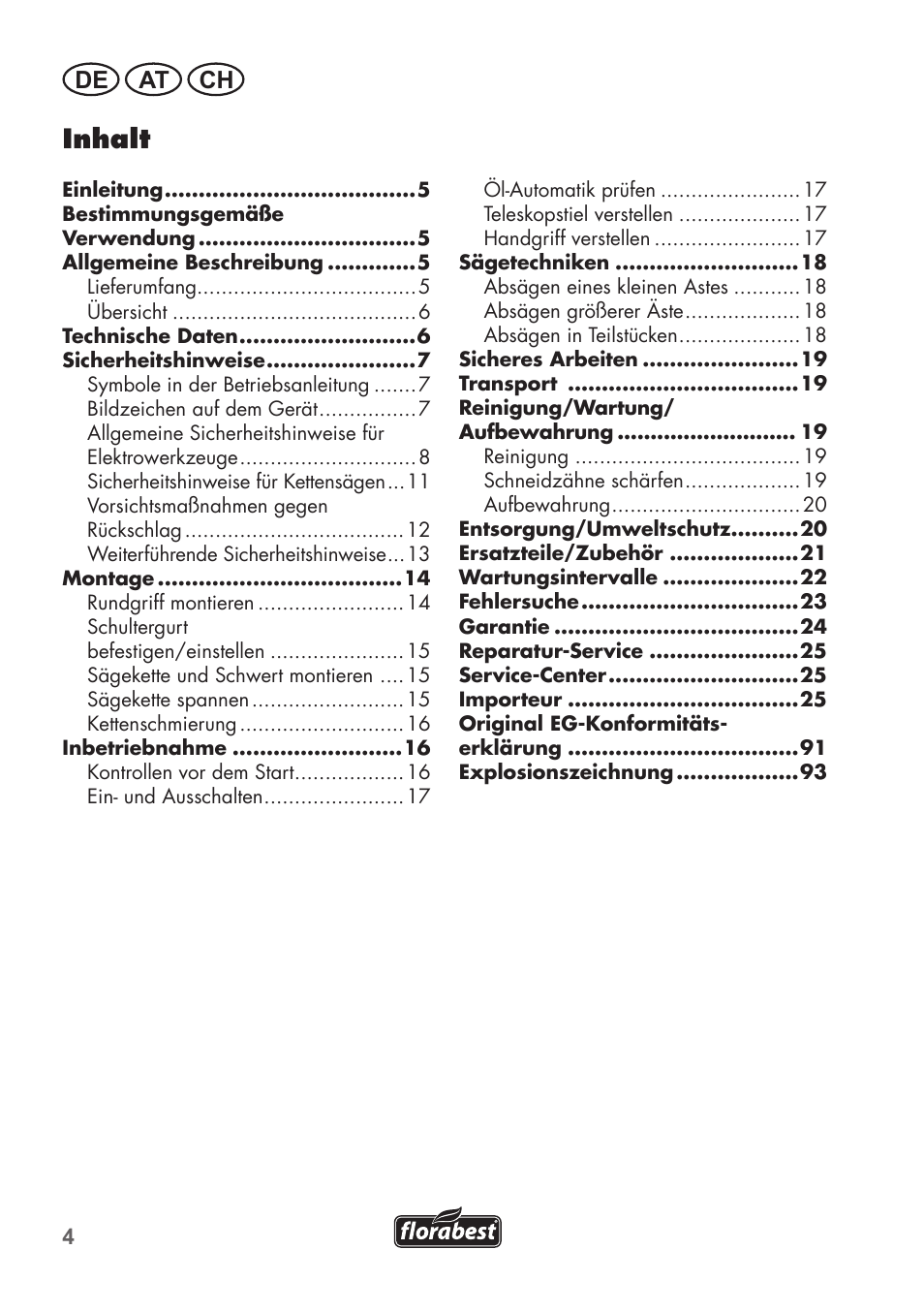 Inhalt, De at ch | Florabest FHE 710 A1 User Manual | Page 4 / 96