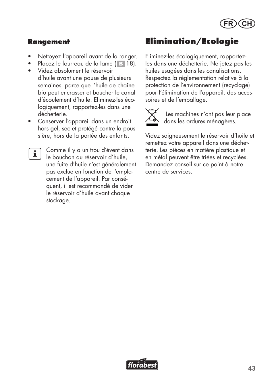 Elimination/ecologie, Fr ch | Florabest FHE 710 A1 User Manual | Page 43 / 96