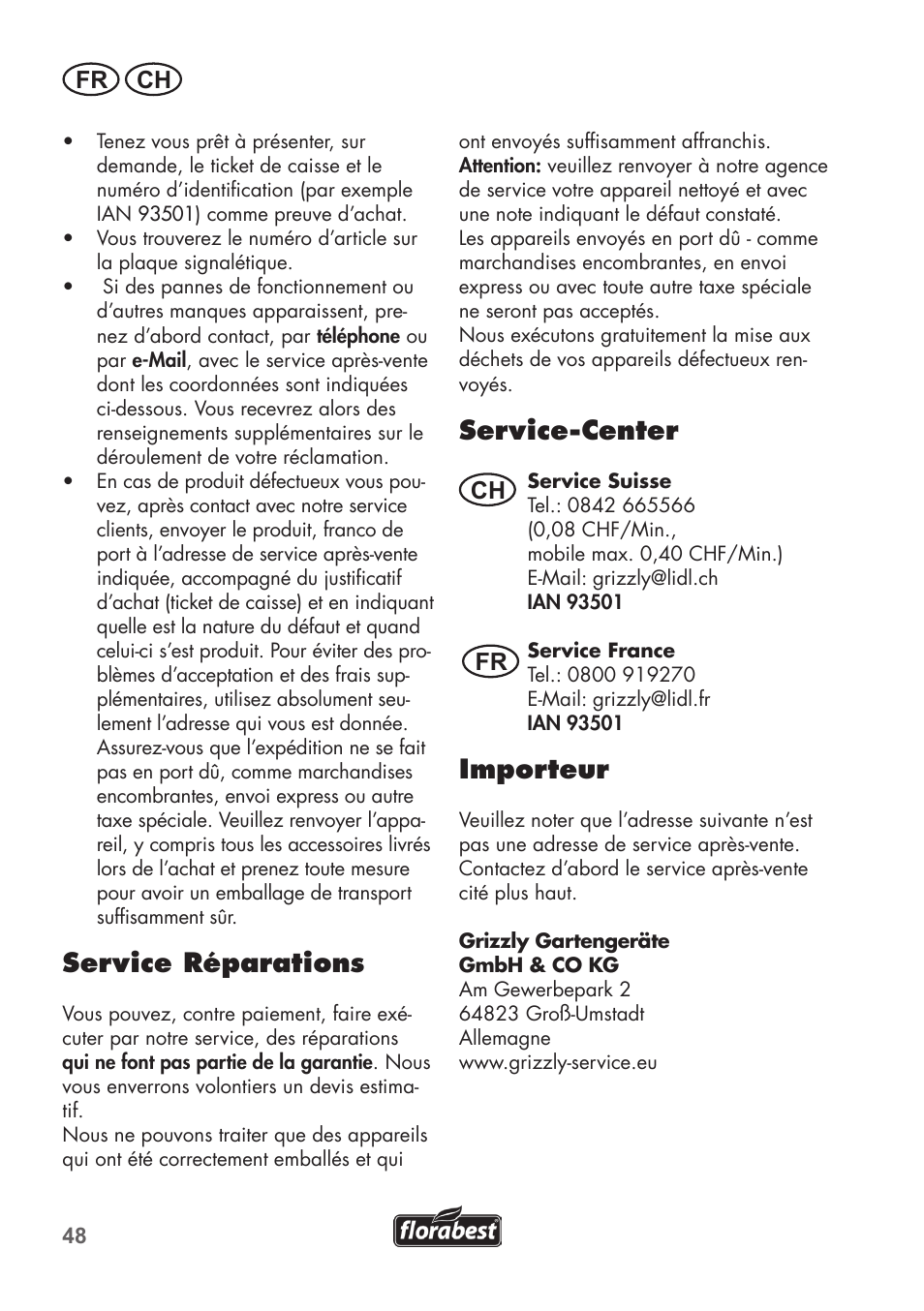 Service réparations, Service-center, Importeur | Fr ch, Ch fr | Florabest FHE 710 A1 User Manual | Page 48 / 96