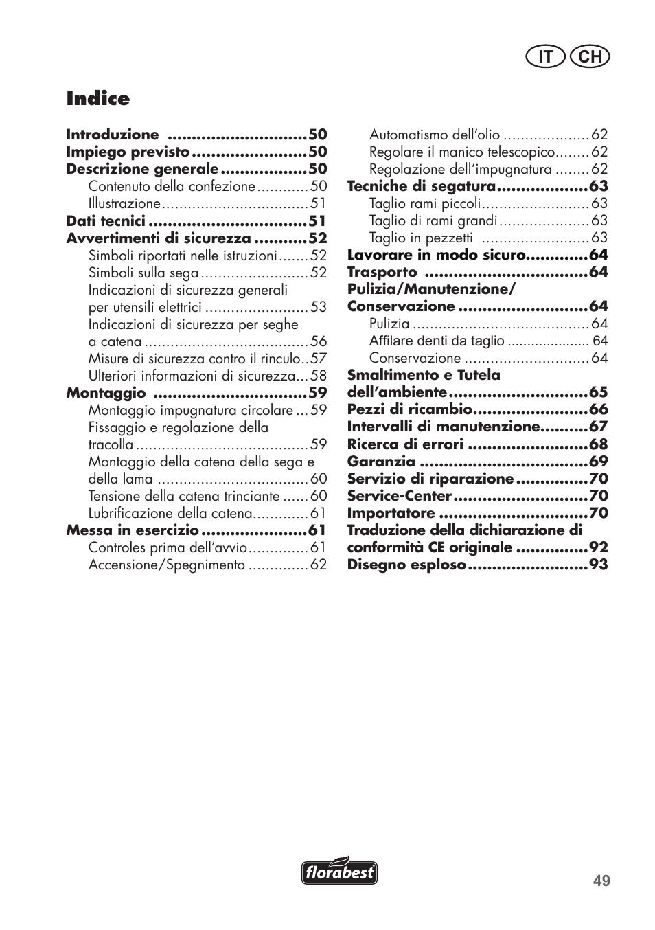 Indice, It ch | Florabest FHE 710 A1 User Manual | Page 49 / 96