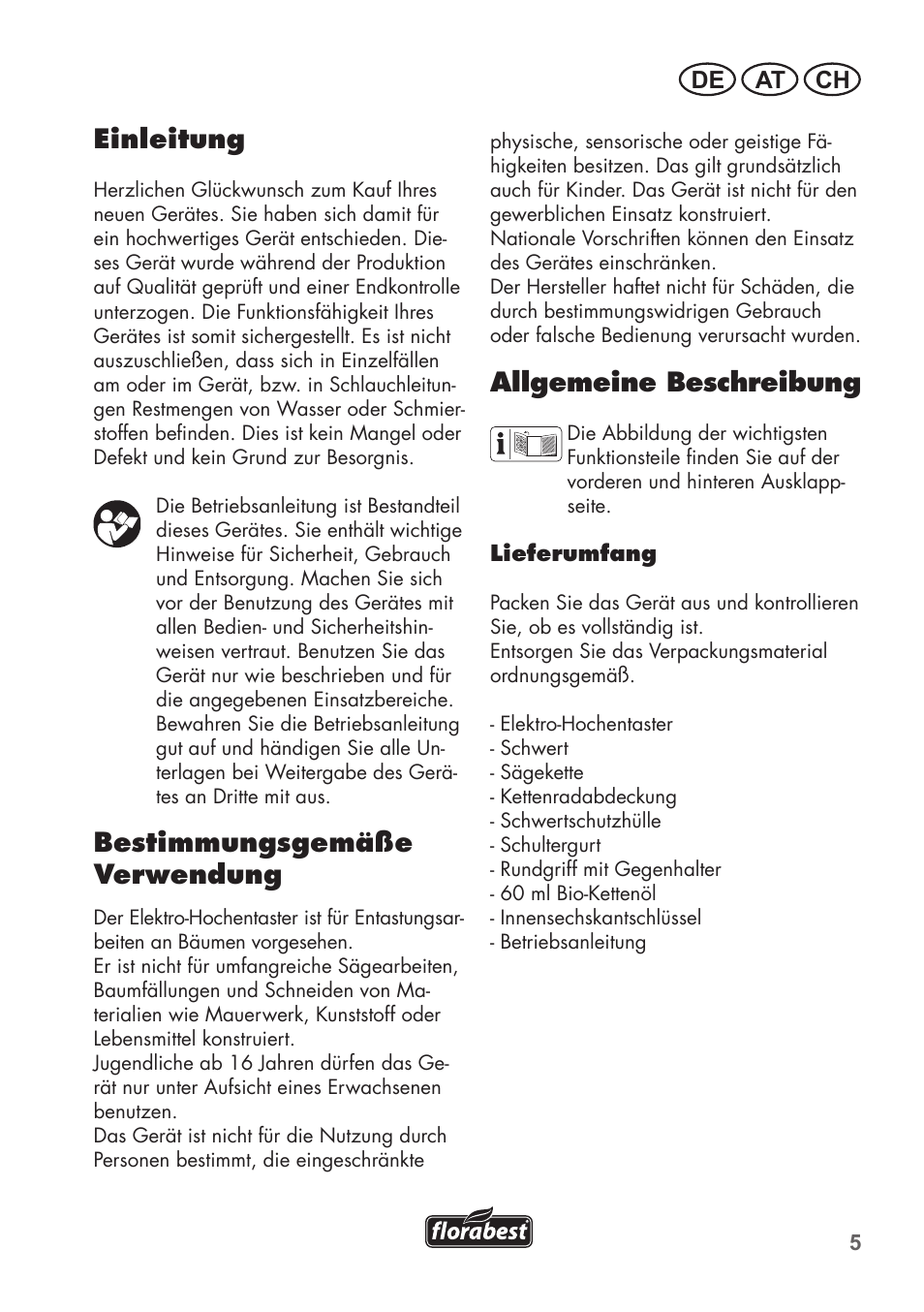 Einleitung, Bestimmungsgemäße verwendung, Allgemeine beschreibung | De at ch | Florabest FHE 710 A1 User Manual | Page 5 / 96