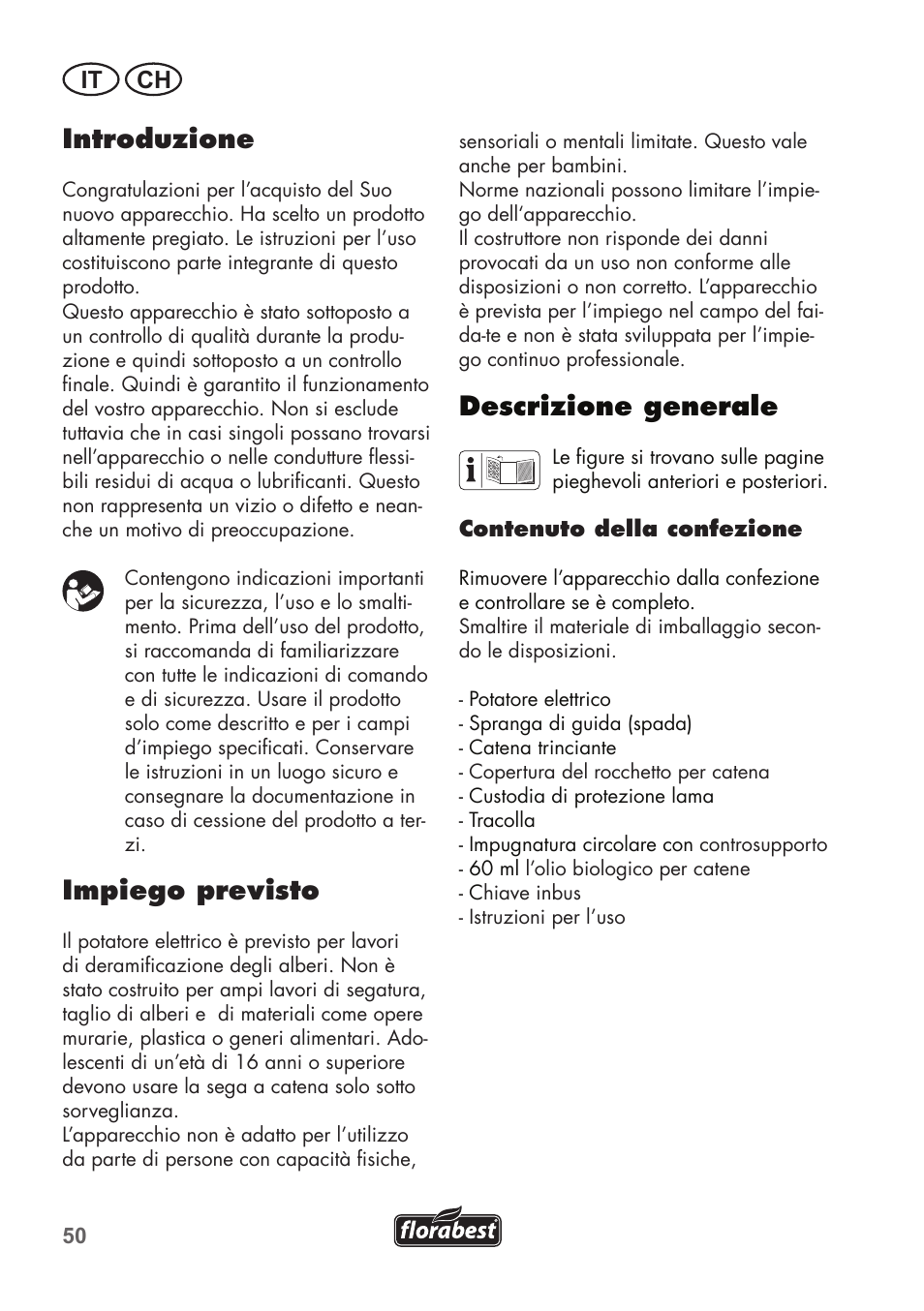 Introduzione, Impiego previsto, Descrizione generale | It ch | Florabest FHE 710 A1 User Manual | Page 50 / 96