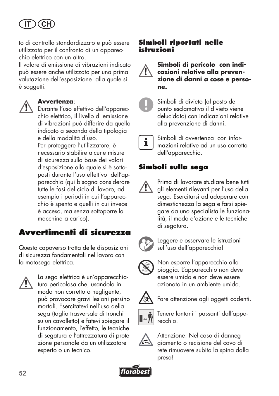 Avvertimenti di sicurezza, It ch | Florabest FHE 710 A1 User Manual | Page 52 / 96