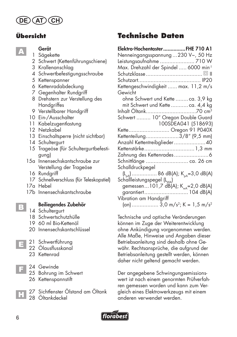 Technische daten, De at ch | Florabest FHE 710 A1 User Manual | Page 6 / 96