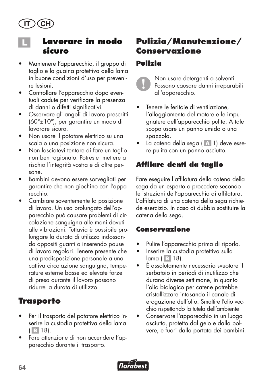 Lavorare in modo sicuro, Trasporto, Pulizia/manutenzione/ conservazione | It ch | Florabest FHE 710 A1 User Manual | Page 64 / 96