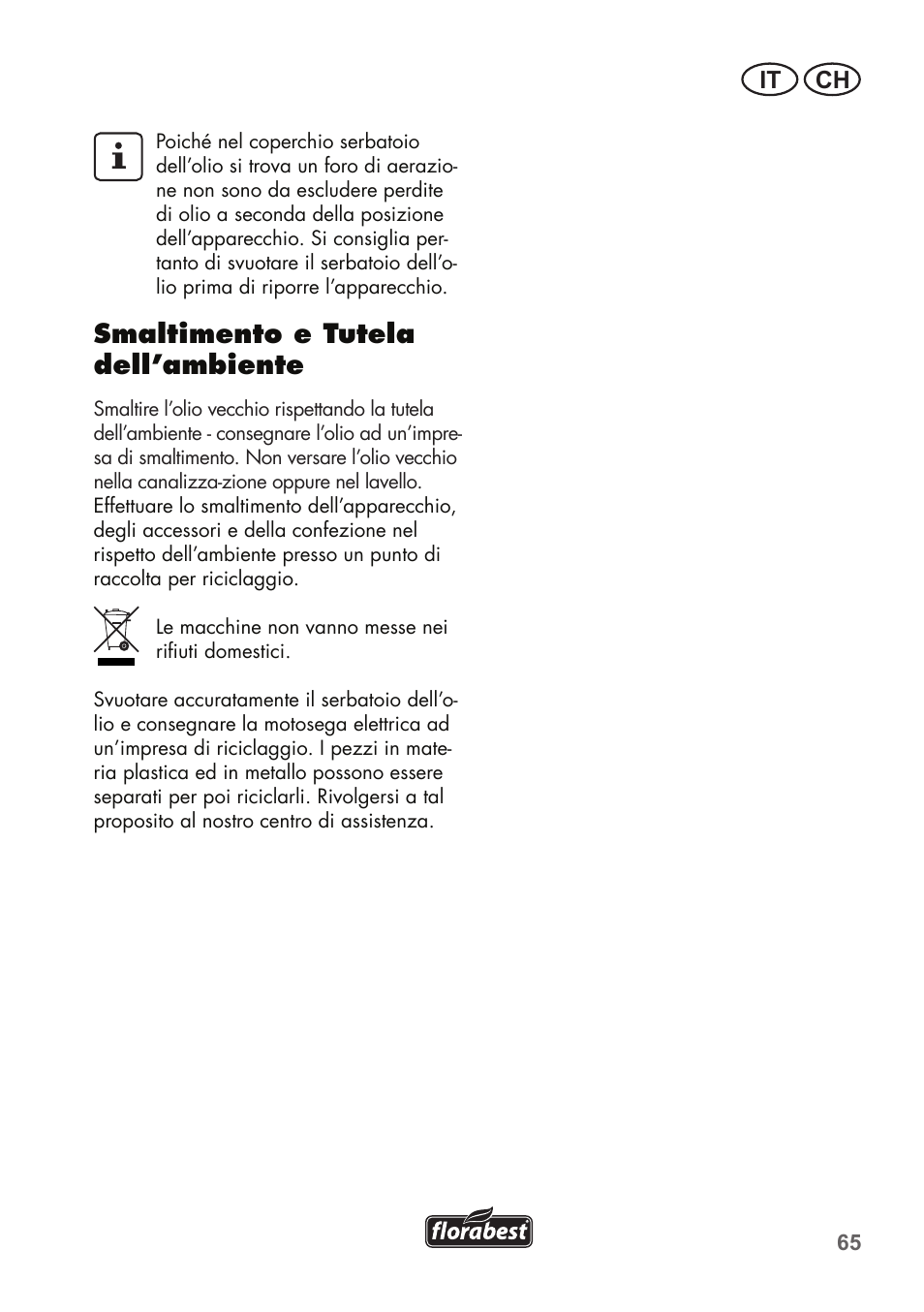 Smaltimento e tutela dell’ambiente, It ch | Florabest FHE 710 A1 User Manual | Page 65 / 96