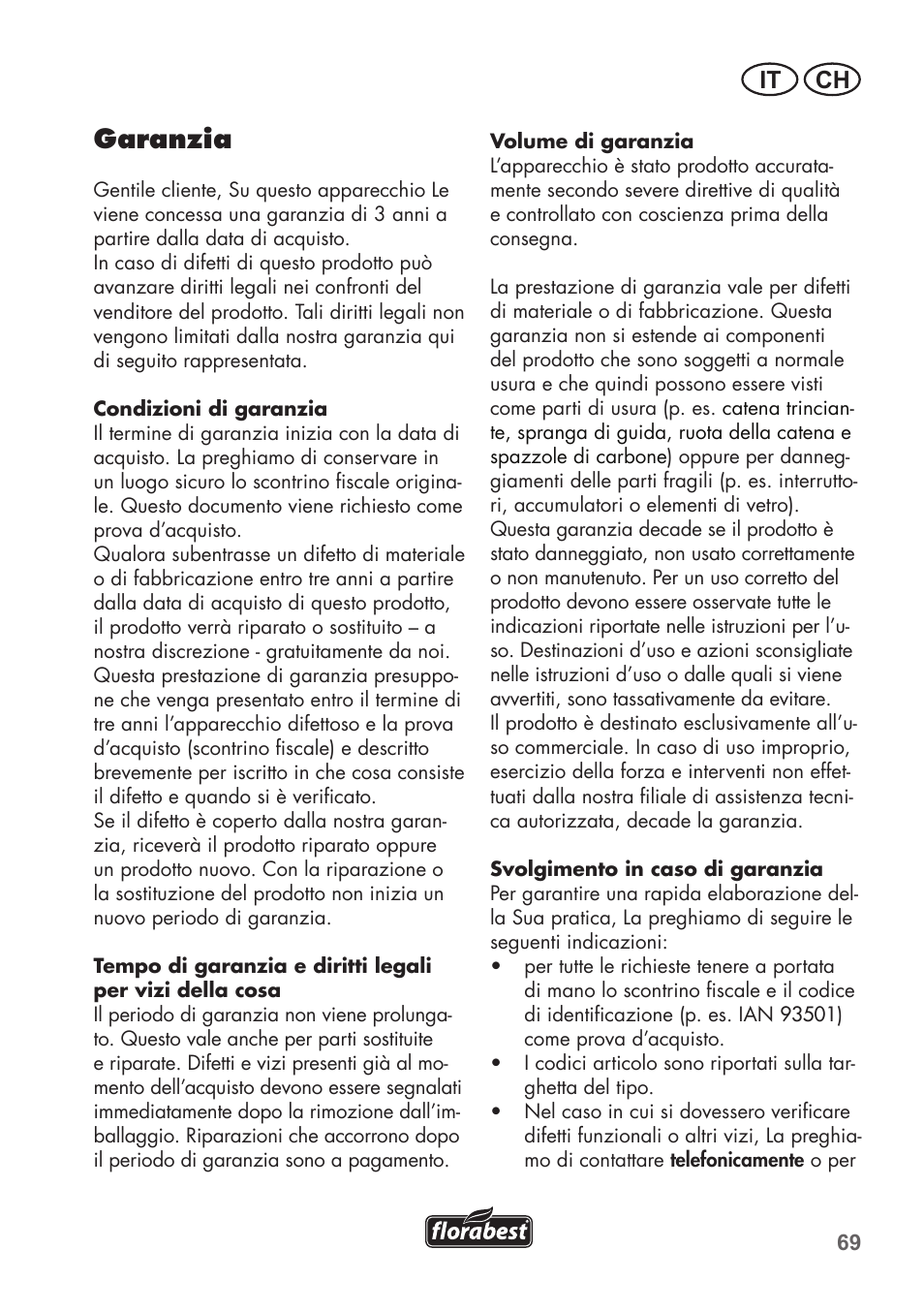 Garanzia, It ch | Florabest FHE 710 A1 User Manual | Page 69 / 96