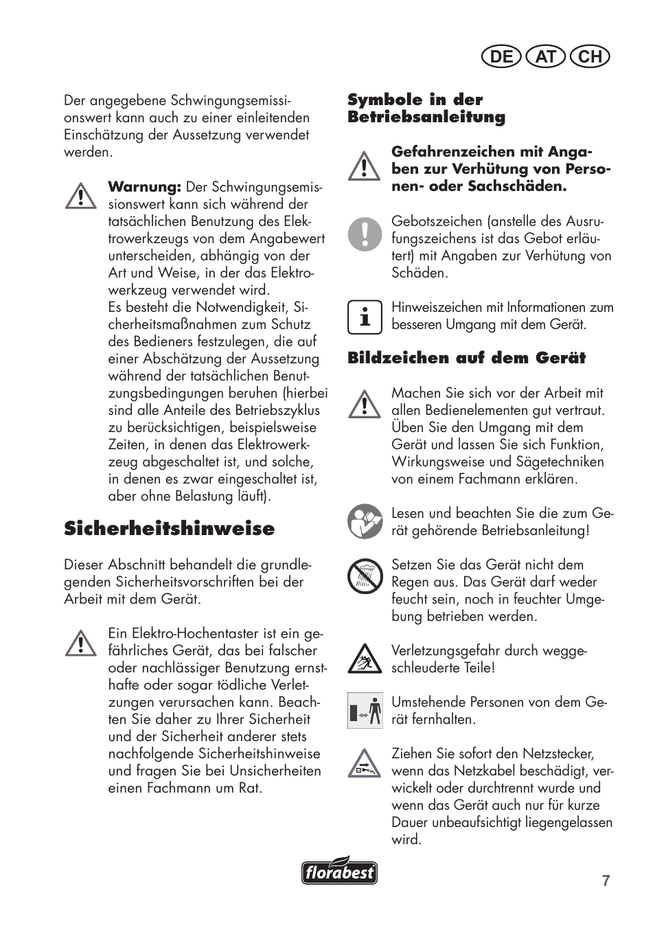 Sicherheitshinweise, De at ch | Florabest FHE 710 A1 User Manual | Page 7 / 96