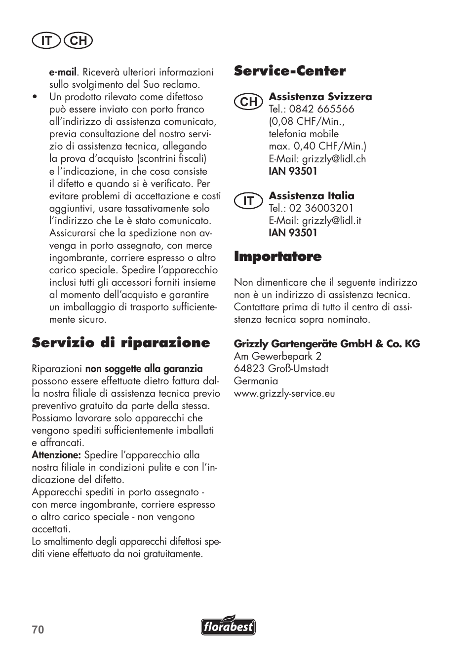 Servizio di riparazione, Service-center, Importatore | It ch, Ch it | Florabest FHE 710 A1 User Manual | Page 70 / 96