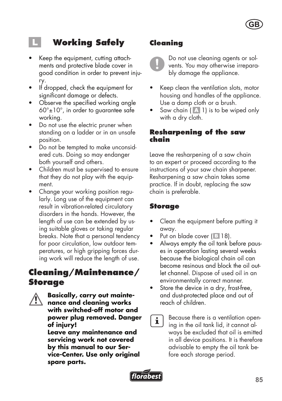 Working safely, Cleaning/maintenance/ storage | Florabest FHE 710 A1 User Manual | Page 85 / 96