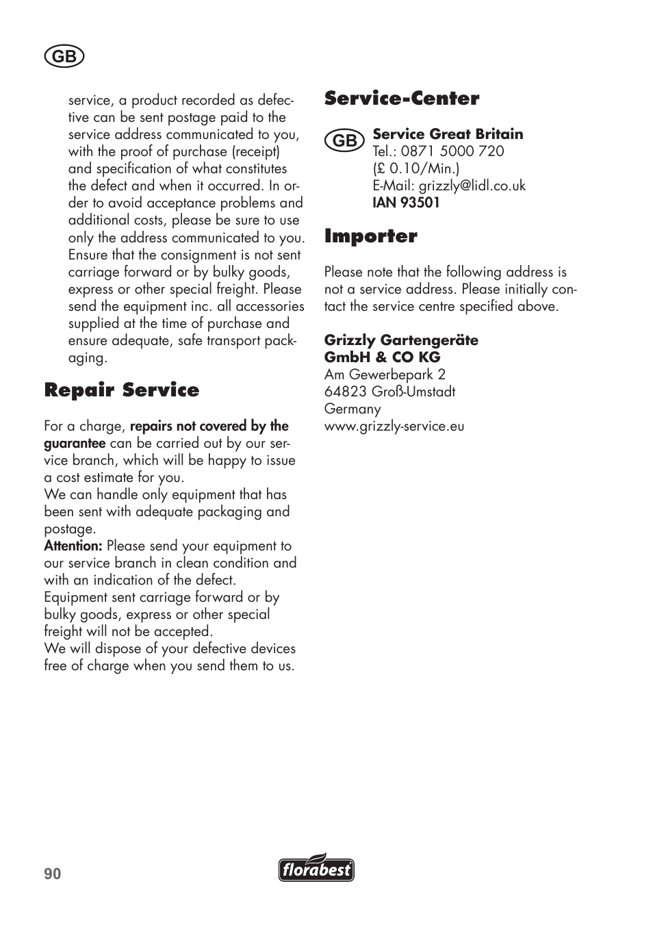 Repair service, Service-center, Importer | Florabest FHE 710 A1 User Manual | Page 90 / 96