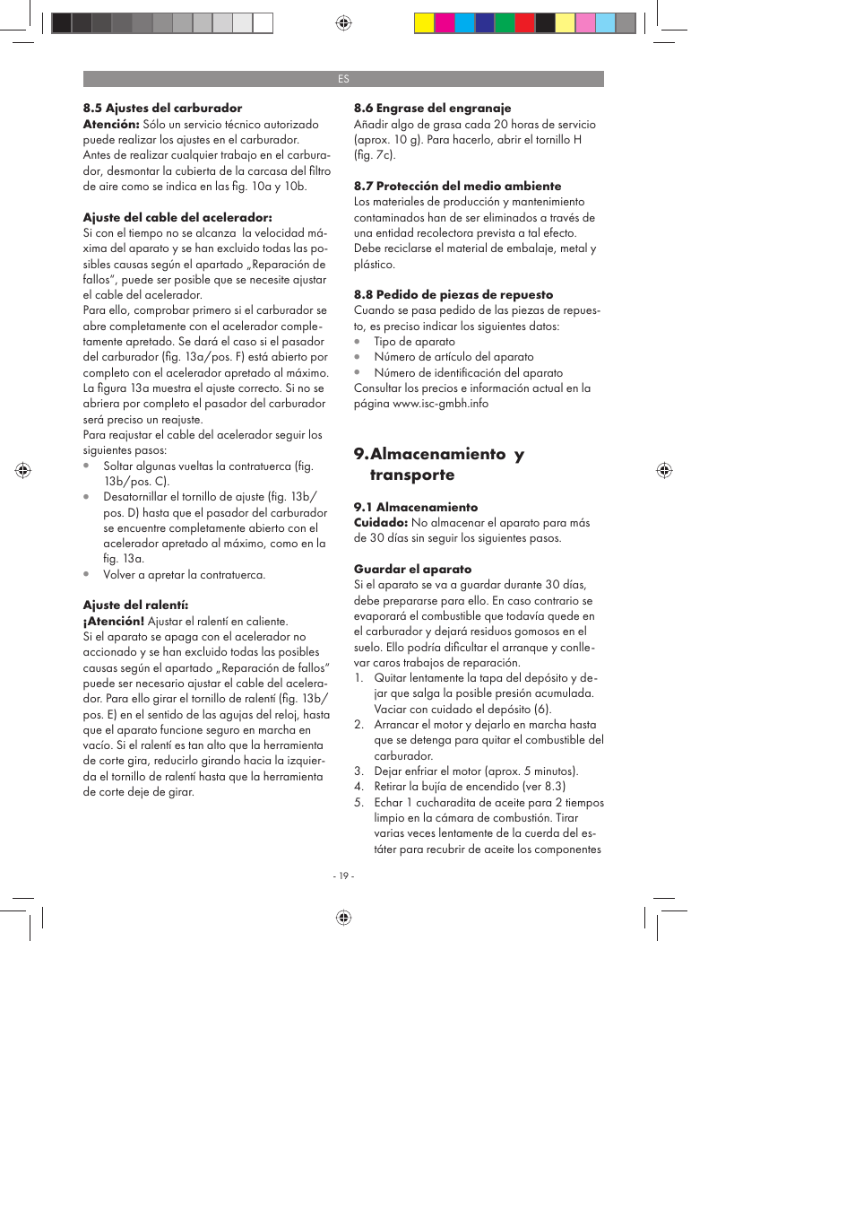 Almacenamiento y transporte | Florabest FBS 43 A1 User Manual | Page 19 / 90