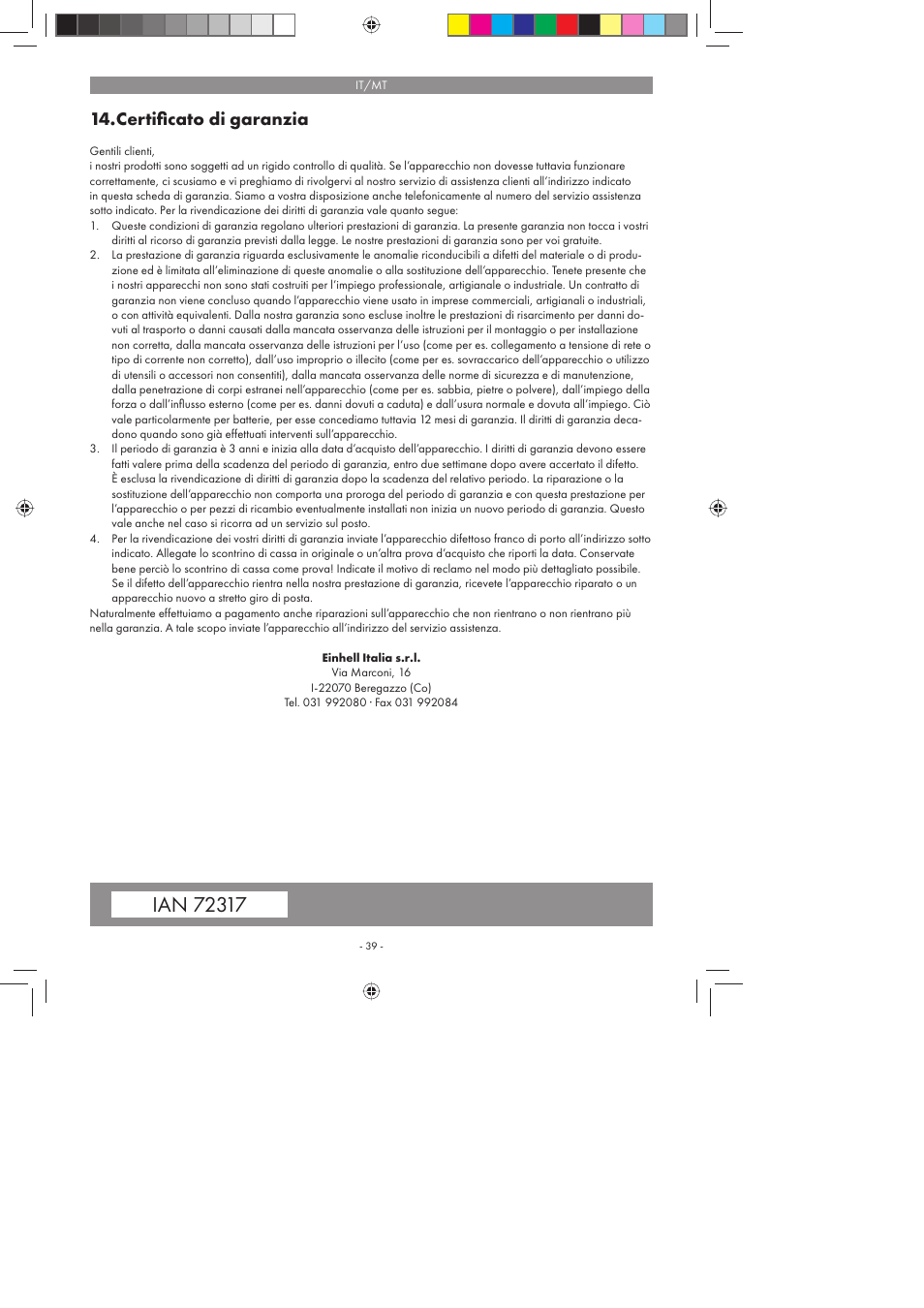 Certiﬁ cato di garanzia | Florabest FBS 43 A1 User Manual | Page 39 / 90