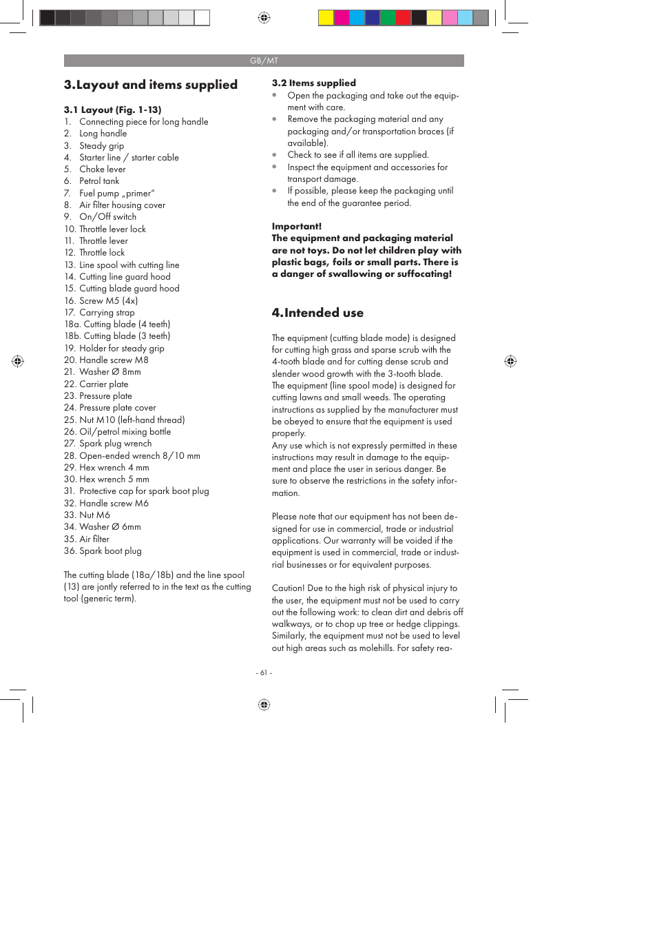 Layout and items supplied, Intended use | Florabest FBS 43 A1 User Manual | Page 61 / 90